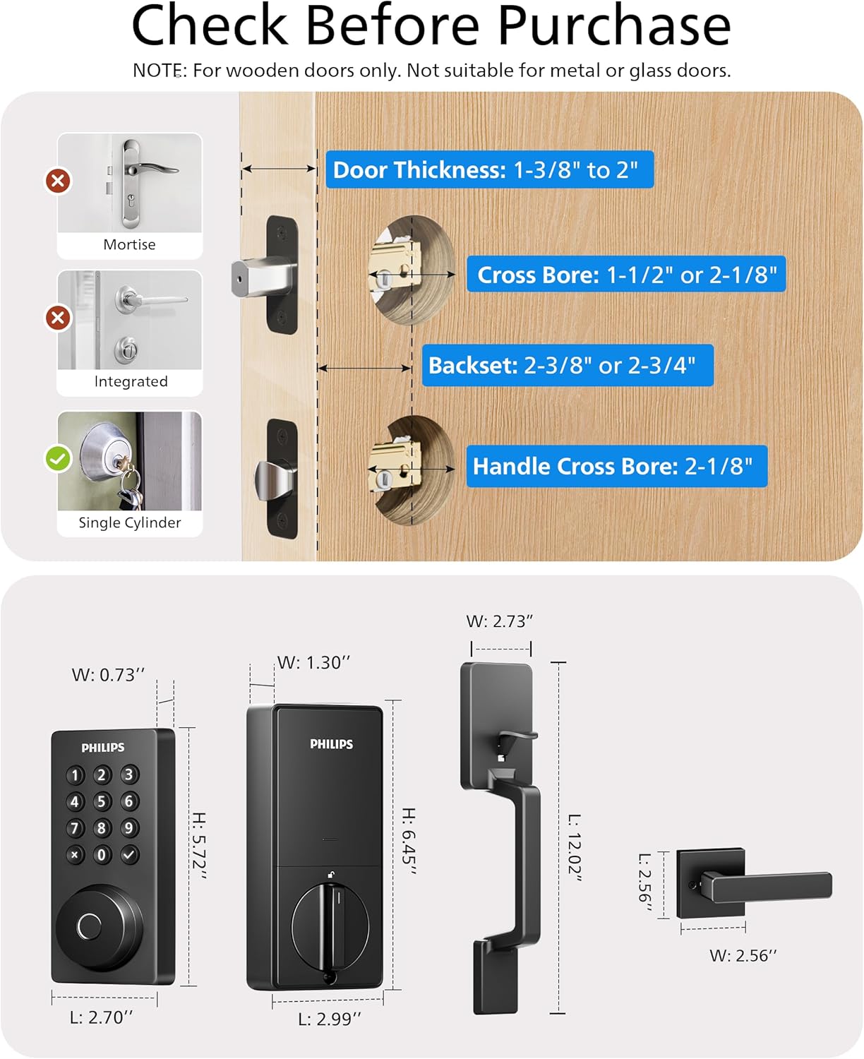 Philips Wi-Fi Smart Door Lock with Handle Set, Keypad Deadbolt for Front Door, Fingerprint Keyless Entry Door Lock with App Remote Control, IP53 Waterproof, Auto Lock, Security Easy Installation