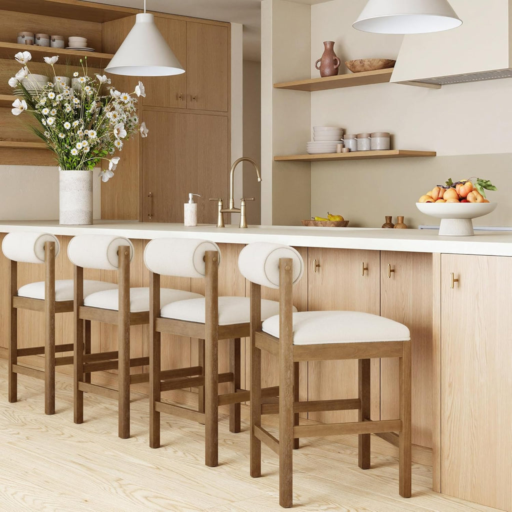 Nathan James Kimberly Modern Counter Stool with Solid Wood Legs, Boucle Upholstered Counter Height Stool with Bolster Back, Cream Boucle/Light Brown Set of 4