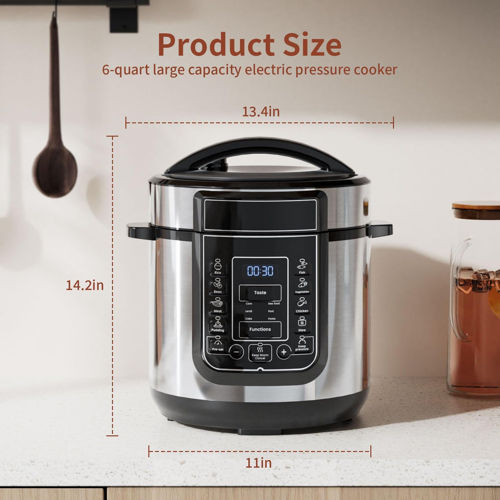 6 Qt Electric Pressure Cooker 9-in-1, 14 Presets Instant Multi-Function Pot, Slow Cooker, Rice Cooker, Cake Maker, Non-Stick, Stainless Steel