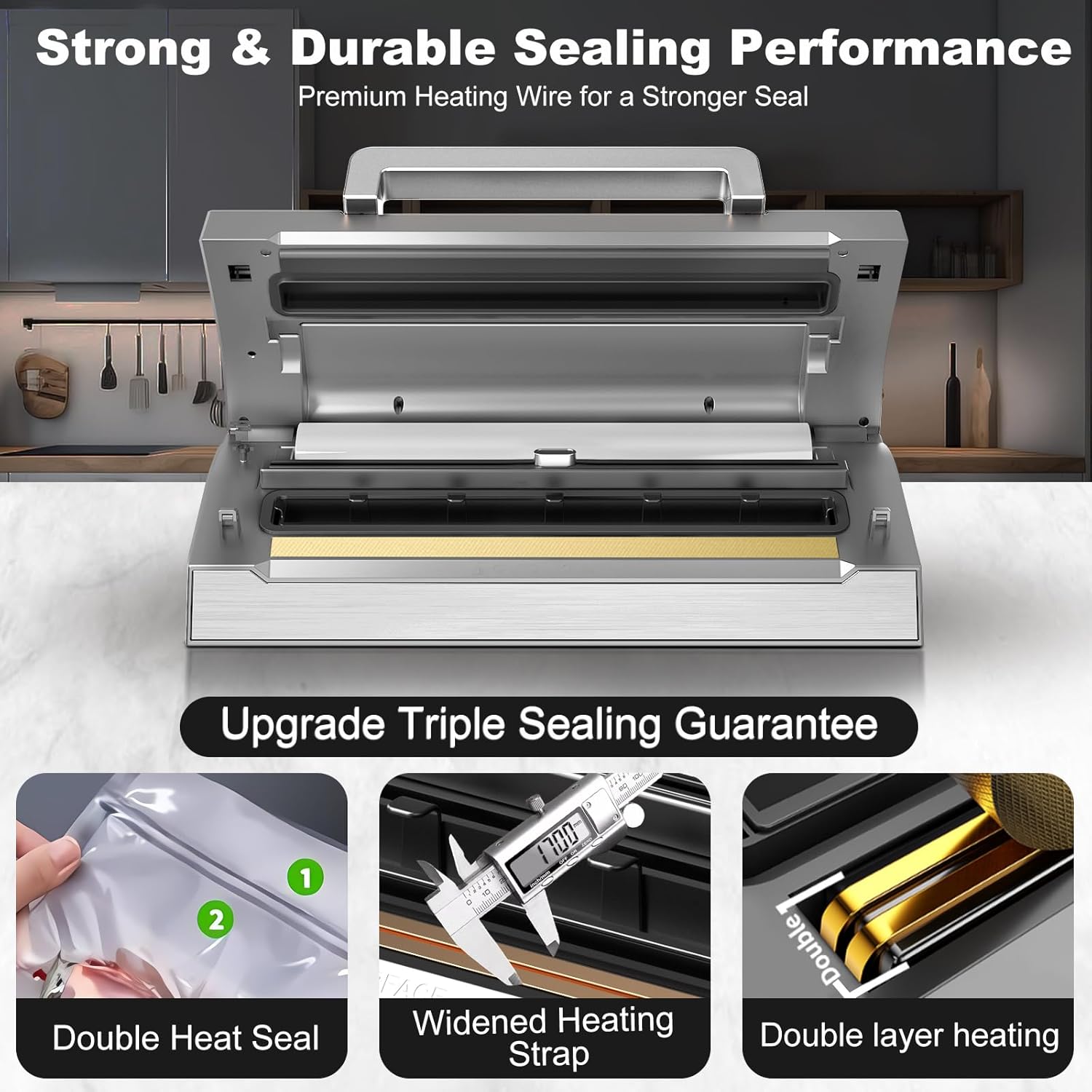Precision Food Vacuum Sealer Machine, POWOT Fully Automatic Vacuum Sealing System, Commercial Food Vacuum Saver Pro, Double Heat Seal, Easy-Lock Handle, Built-in Cutter&Bag Storage, Hose&Bag Rolls