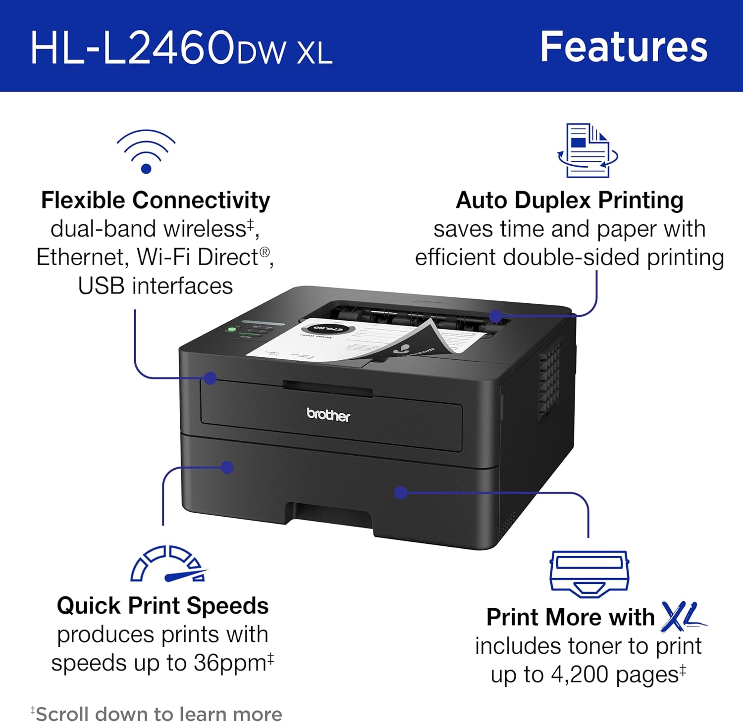 Brother HL-L2460DWW XL Wireless Compact Monochrome Printer with Duplex Copy & Scan, Fax, Black & White | Up to 4,200 Pages of Toner Included(1), Works with Alexa