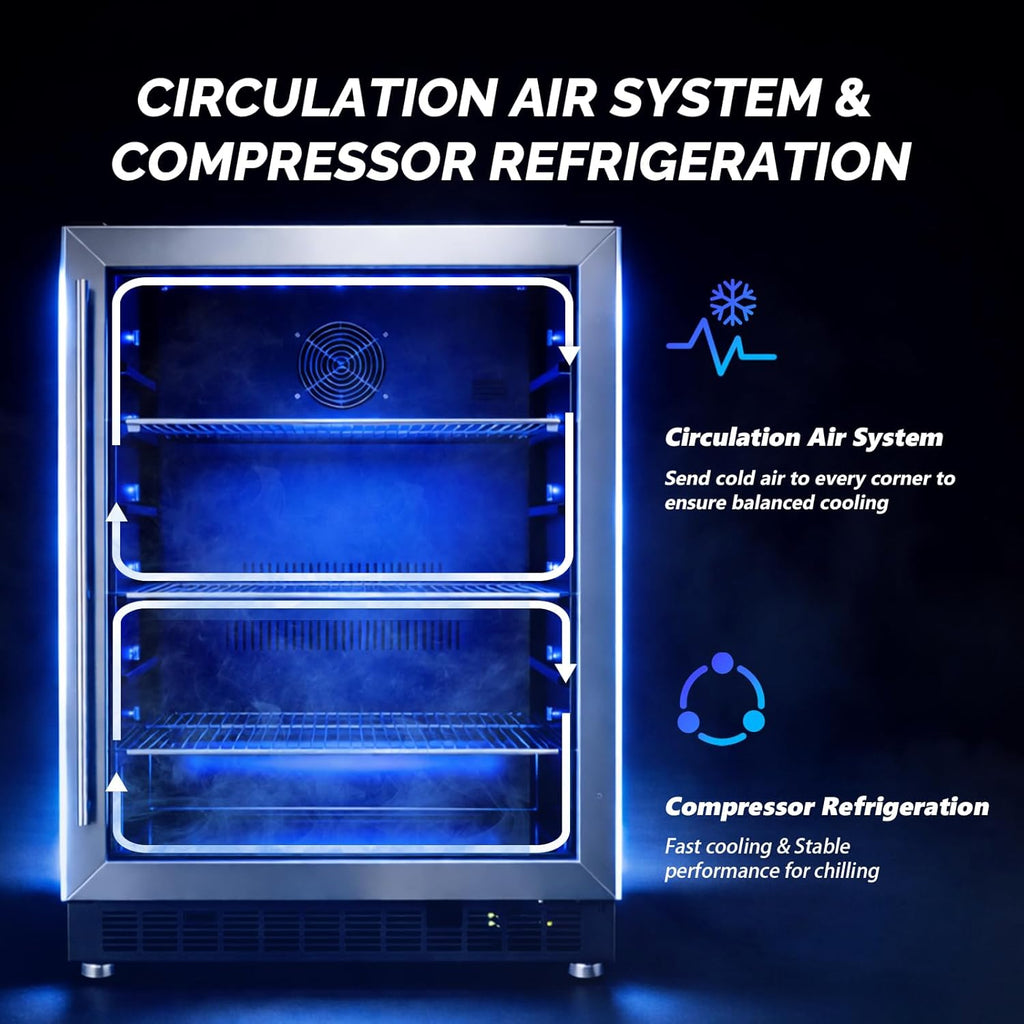 ROVSUN 24 Inch Beverage Refrigerator, 5.8 Cu.Ft. Under Counter Beverage Fridge with Glass Door and Touch Temperature Control for Soda, Beer, Built-in or Freestanding Cooler for Kitchen, Bar, Office