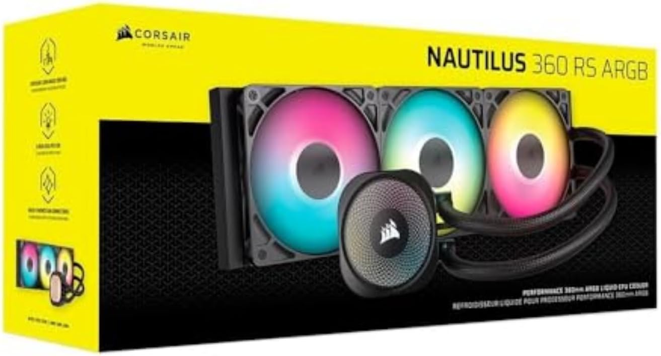 CORSAIR Nautilus 360 RS ARGB Liquid CPU Cooler – 360mm AIO – Low-Noise – Direct Motherboard Connection – Daisy-Chain – Intel LGA 1851/1700, AMD AM5/AM4 – 3X RS120 ARGB Fans Included – Black