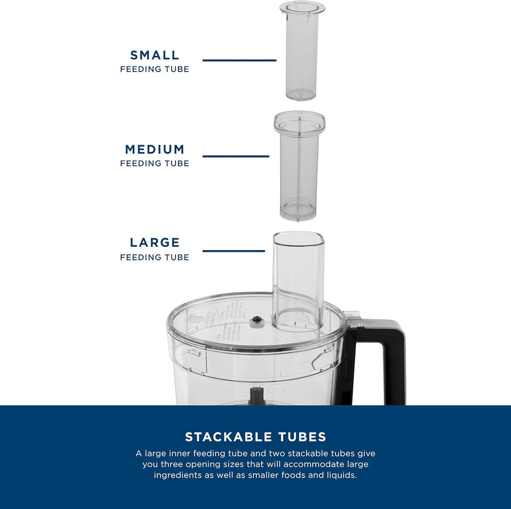GE Food Processor | 12 Cup | Complete With 3 Feeding Tubes & Stainless Steel Accessories - 3 Discs + Dough Blade | 3 Speed | Great for Shredded Cheese, Chicken & More | Kitchen Essentials | 550 Watts