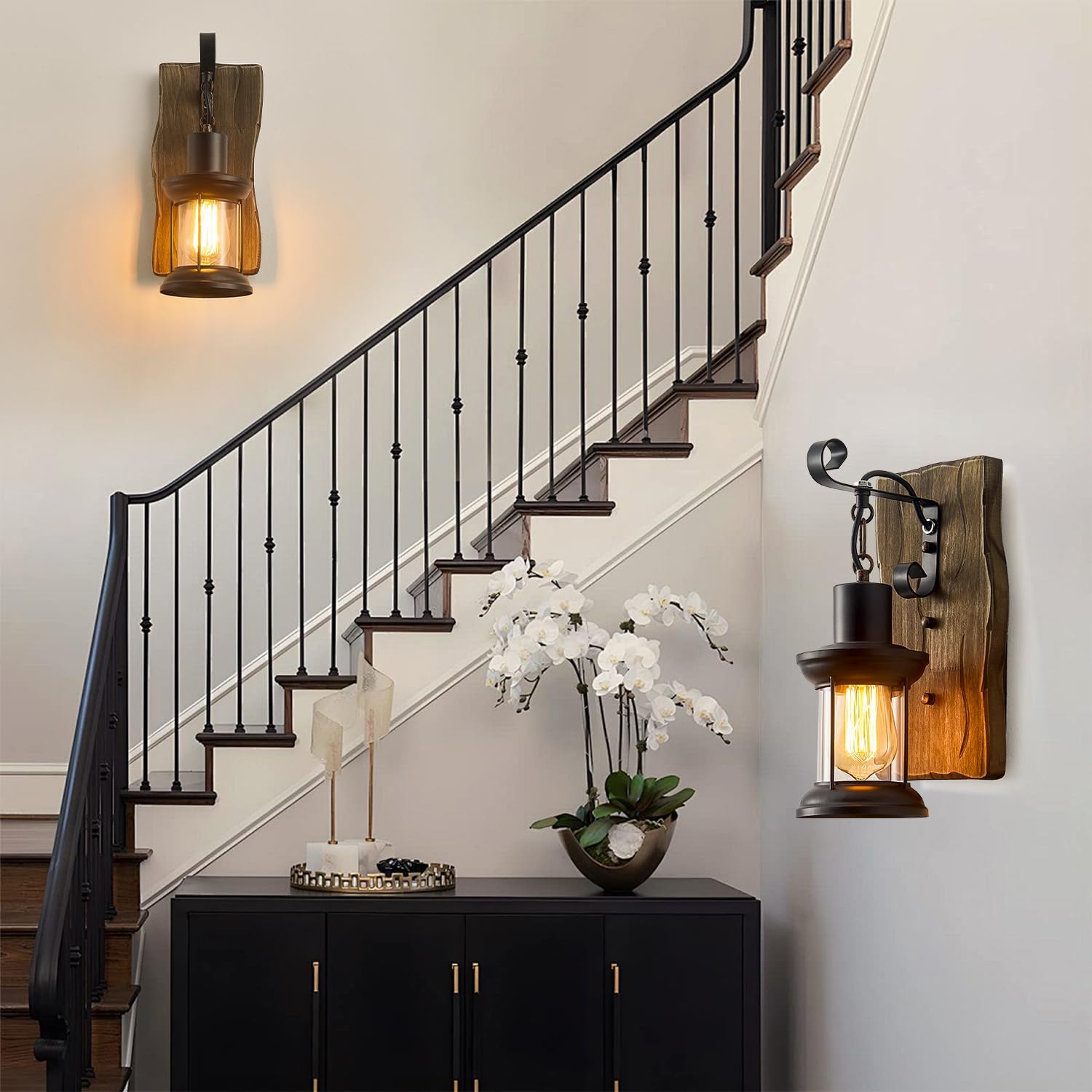 Rustic Industrial Wall Sconces, Black Metal Lantern with Wood Backplate, Farmhouse Indoor Light Fixture for Dining Room, Hallway, Porch
