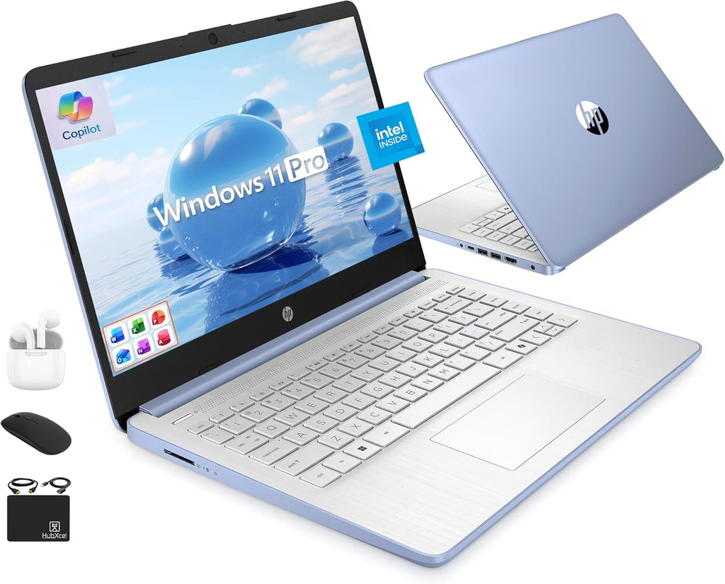 HP Ultrabook 14 Laptop Computer Business Study & Home 2025, Lifetime MS Office + Windows 11 Pro, Quad-Core Intel CPU, 8GB RAM & 628GB Storage (128GB UFS+500GB Ext), Wi-Fi 6, HubxcelAccessory, Blue