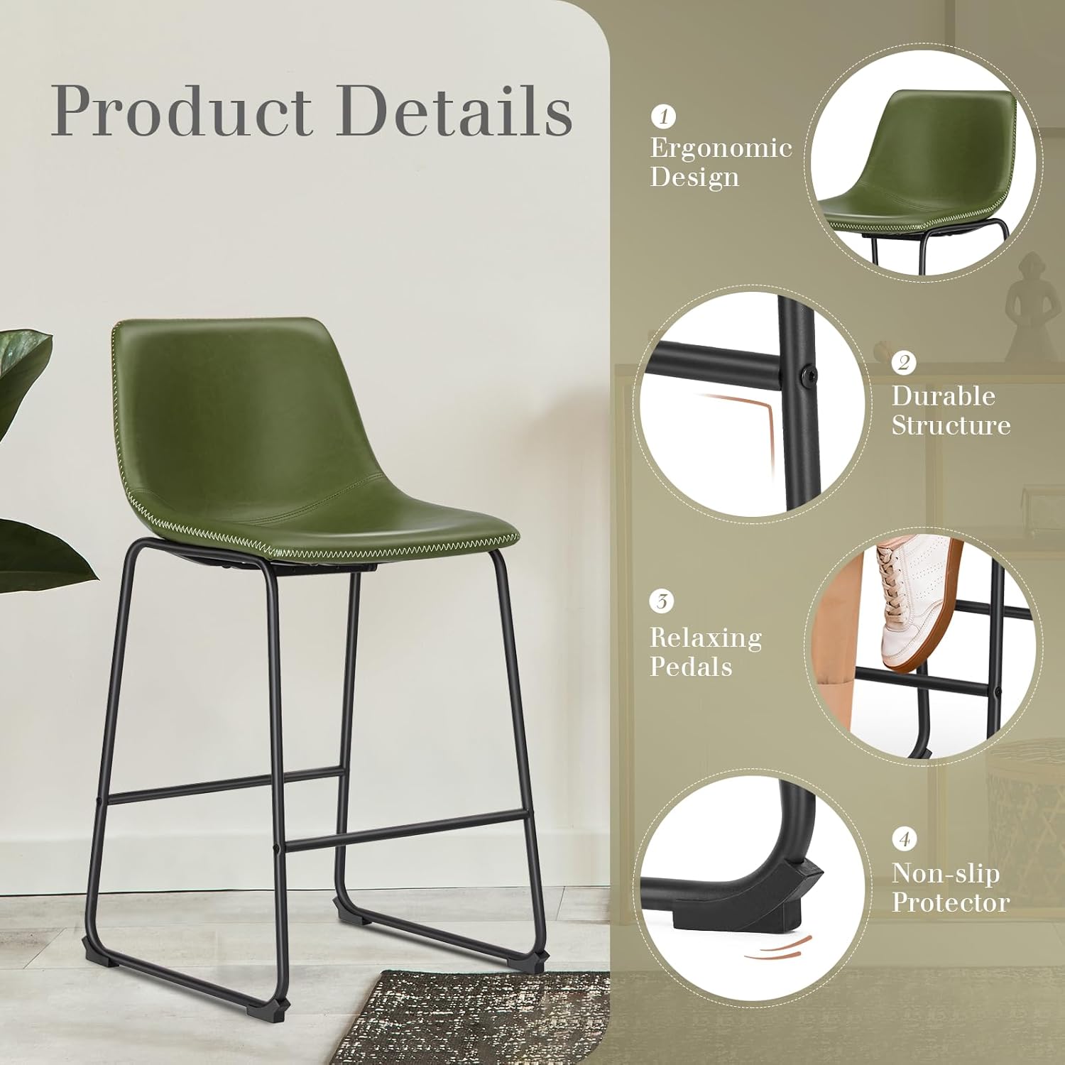DUMOS Bar Stools Set of 4, 26 Inch Counter Height Faux Leather Barstools with Back, Modern Metal Leg Bar Chairs for Kitchen Island, Dining Pub Table, Home Bar, Green
