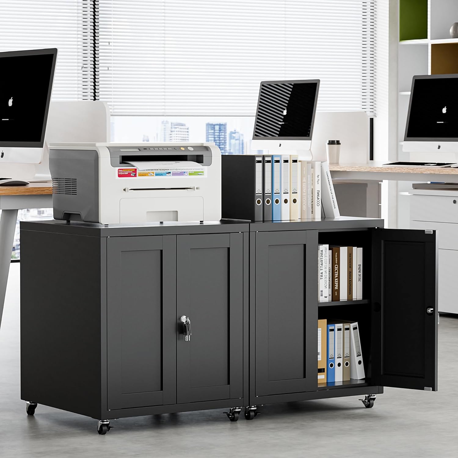 Large Printer Stand with Storage and Lock, 3D Heavy-Duty Printer Cabinet, Printer Table for Home Office with Doors and Adjustable Shelves, for Office Copier and Fax Machine, Black