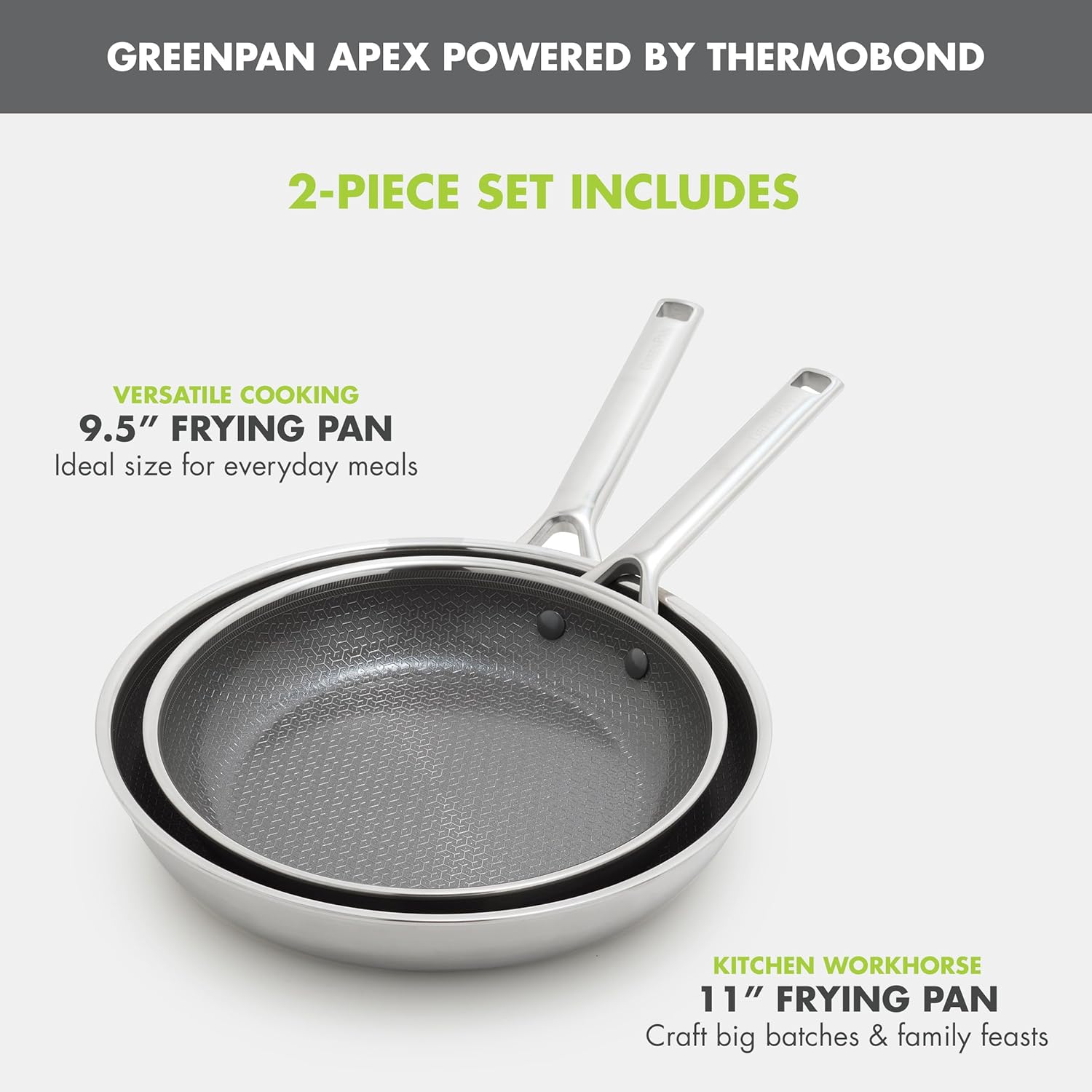 GreenPan Hybrid 9.5” & 11” Nonstick Stainless Steel Frying Pan Set, APEX Tri-Ply Thermobond PFAS-Free Ceramic Skillets, Induction & All Cooktop Compatible, Oven Temp to 850°F, Dishwasher Safe, Silver