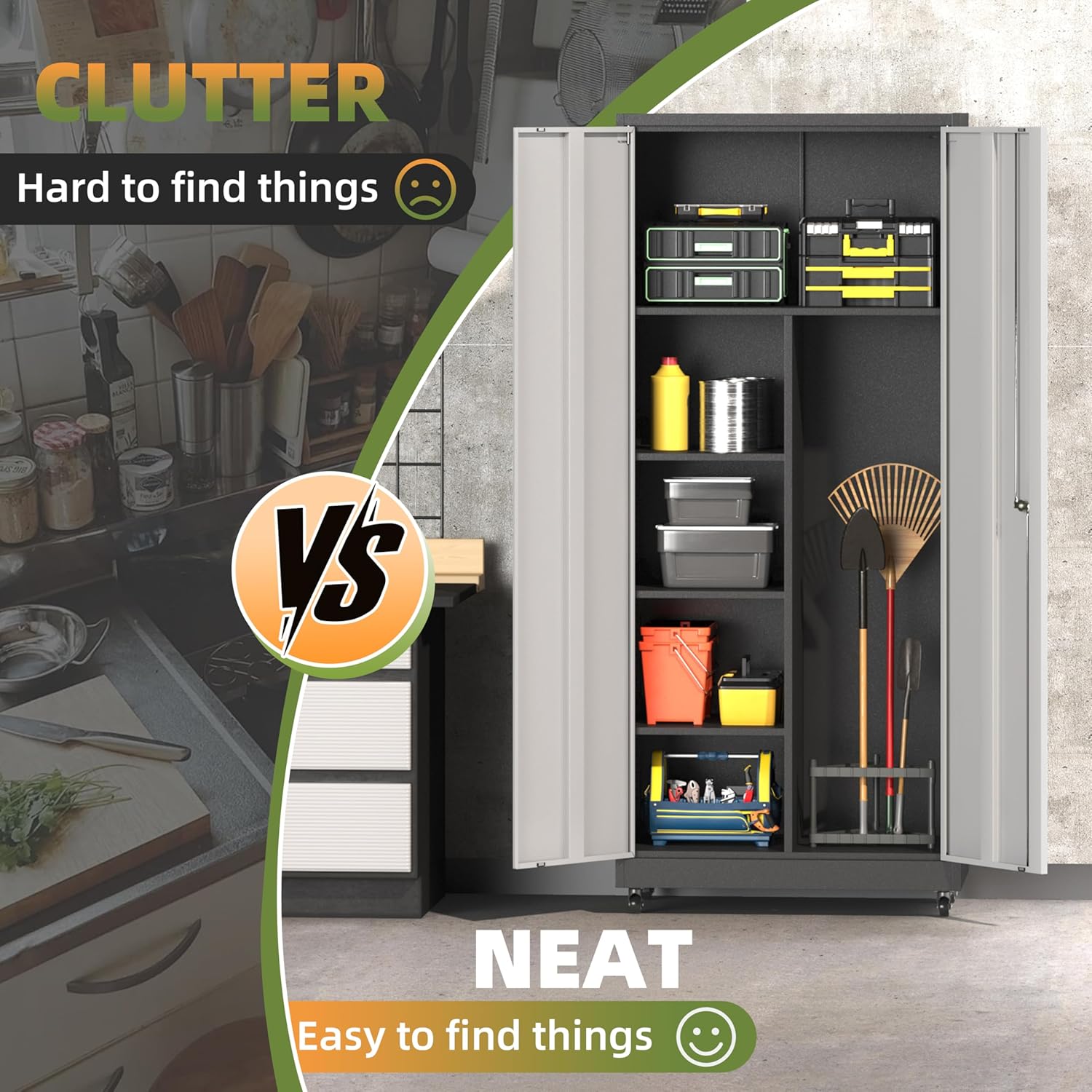 Metal Garage Storage Cabinet with Wheels, Locking Broom Closet Storage Cabinet with Adjustable Shelves, 71" H Tool Cabinet for Utility Room, Workshop, Warehouse