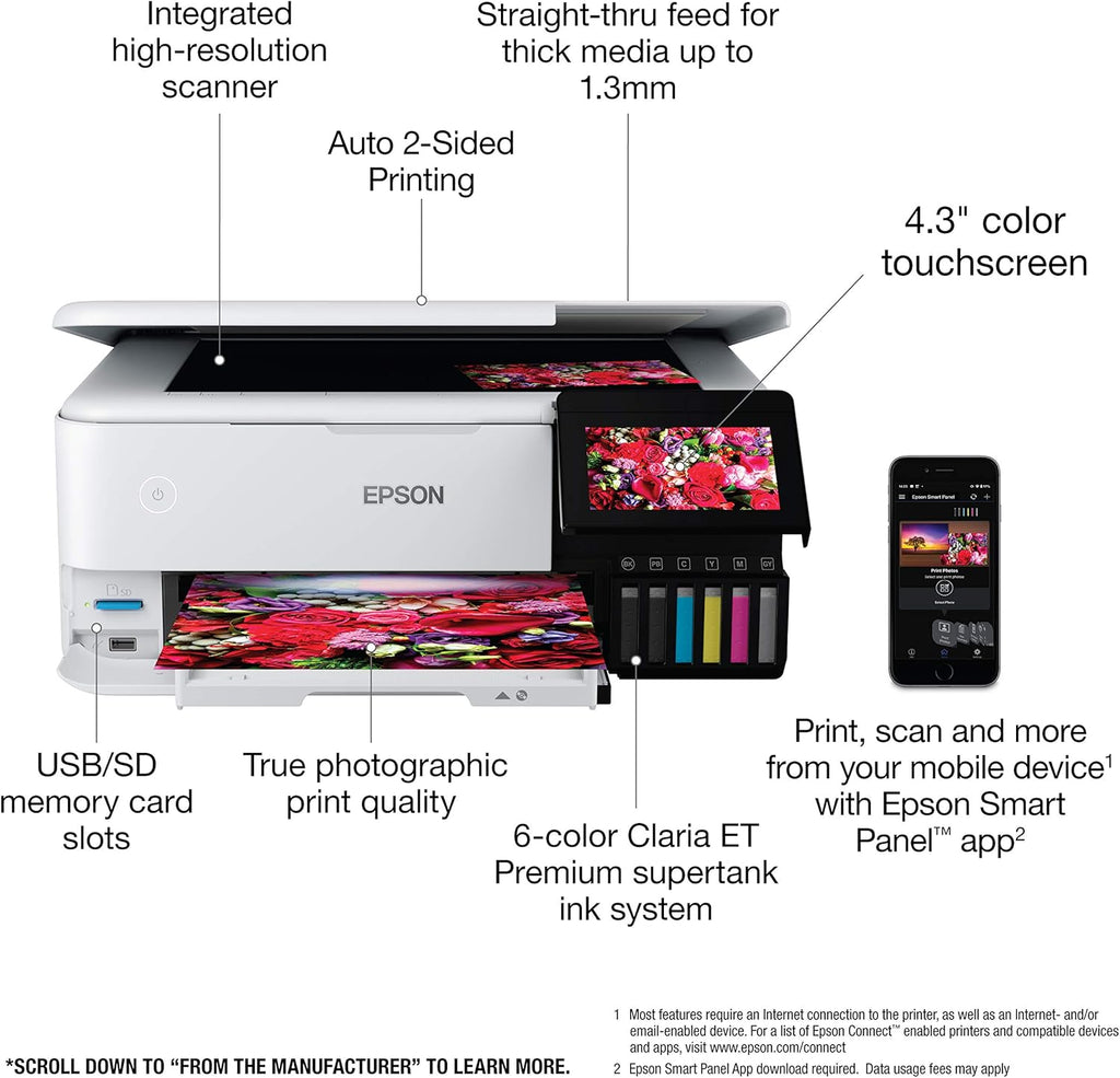 Epson EcoTank Photo ET-8500 Wireless Color All-in-One Supertank Printer with Scanner Copier, Ethernet and 4.3-inch Colorfull Touchscreen - White