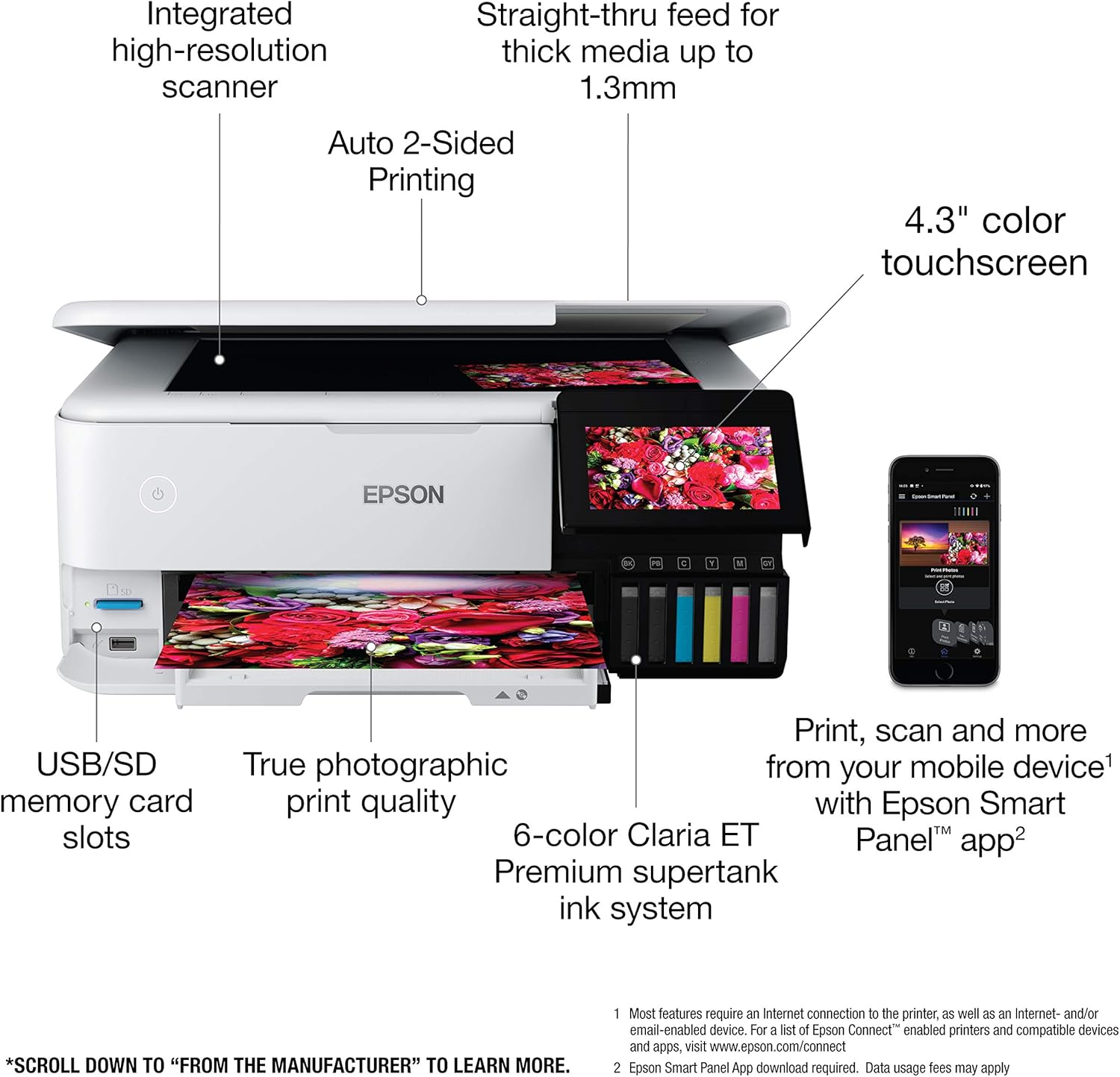Epson EcoTank Photo ET-8500 Wireless Color All-in-One Supertank Printer with Scanner Copier, Ethernet and 4.3-inch Colorfull Touchscreen - White