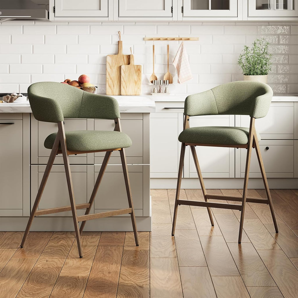 COLAMY Bar Stools Set of 2, 26" Counter Height Barstools with Backs, Modern Upholstered Bar Chairs with Metal Legs for Kitchen Island Counter, Dining Room, Green