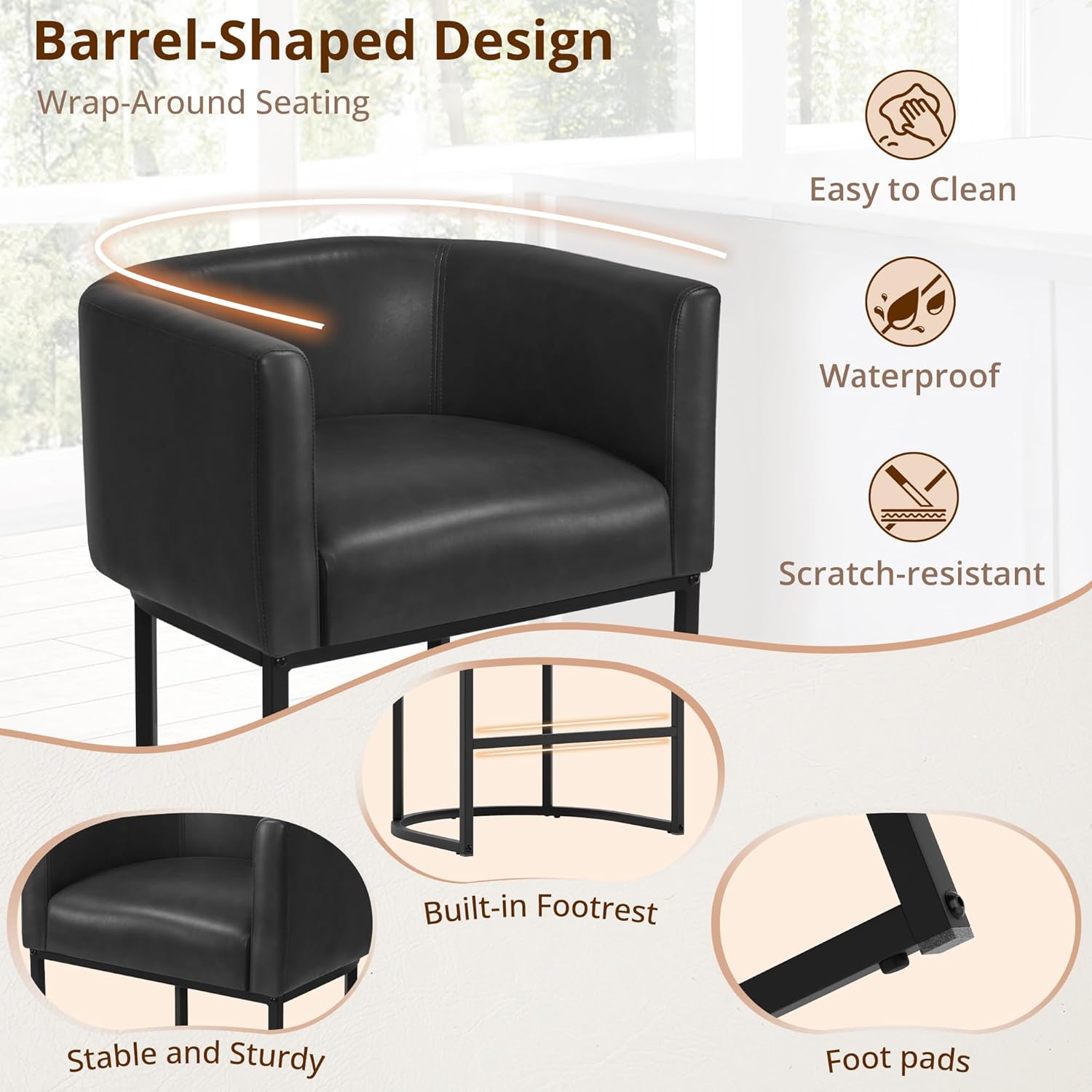 LUE BONA 27" H Counter Height Bar Stools Set of 3, Modern Barrel Counter Stools with Backrest and Arms, Black Metal Frames,Faux Leather Upholstered Accent Barstools for Kitchen Island,Black
