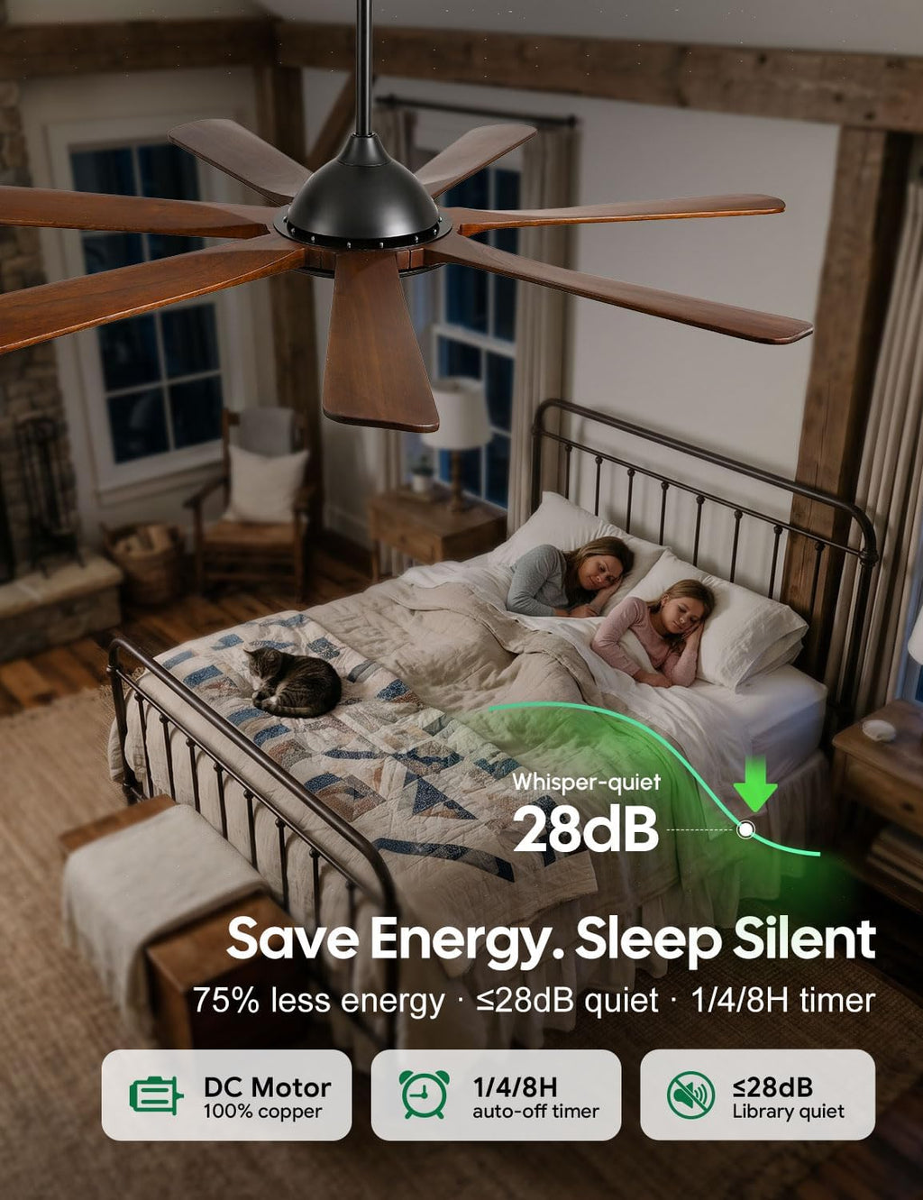 60 inch Smart Wood Ceiling Fan with Light, Remote/Alexa/App Control, Farmhouse Rustic Style, 7 Solid Walnut Blades, Indoor Outdoor High CFM Quiet DC Motor, Damp Rated for Covered Patio, Living Room