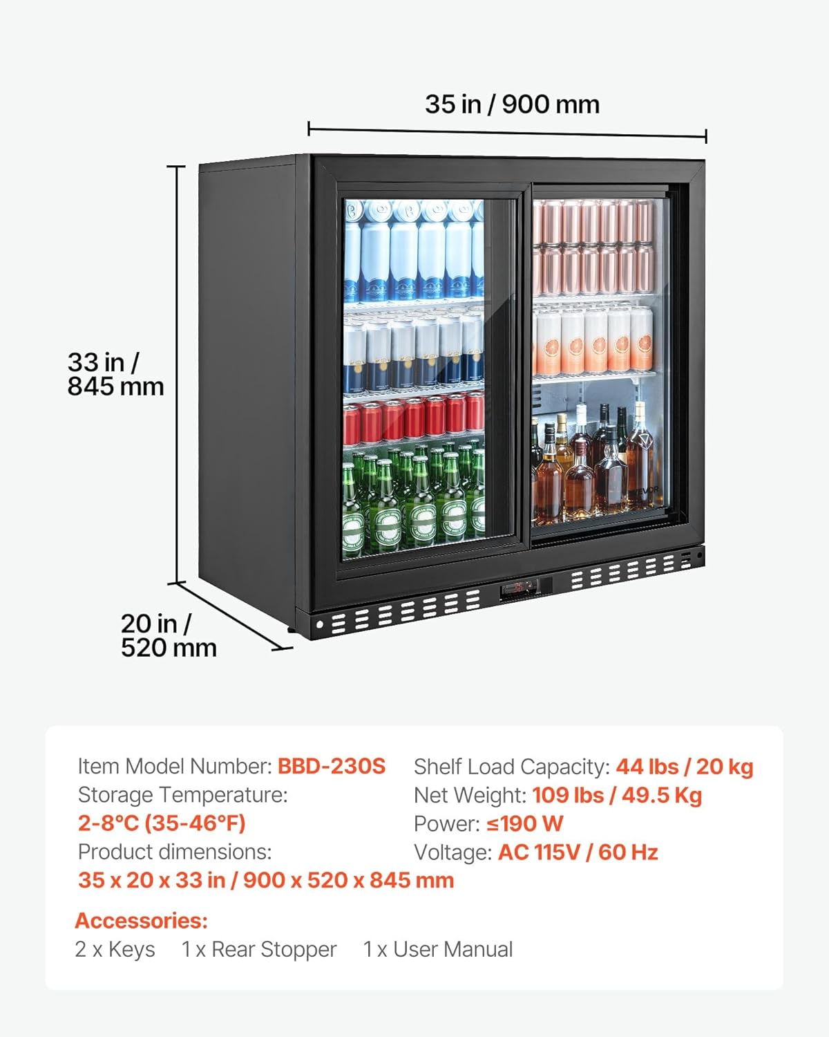 VEVOR Back Bar Cooler, 7.4 Cu. Ft Commercial Beverage Refrigerator, Under Counter Bar Fridge with 2 Sliding Doors, LED Lighting, Adjustable Shelves, Low-E Glass Display Cooler for Beer, Wine, Drink