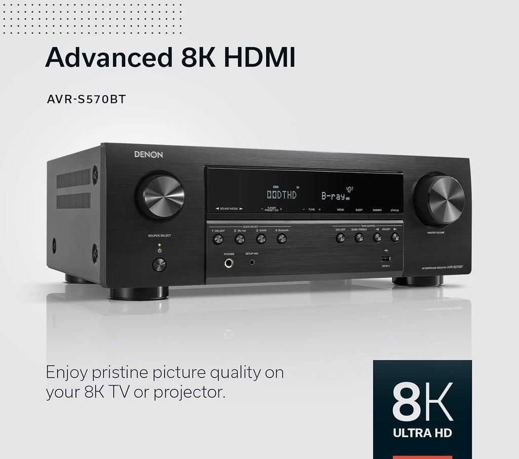 Denon AVR-S570BT AV Receiver 5.2 Channel 8K Ultra HD Audio & Video, Stereo Receivers, Denon AVR Wireless Streaming Bluetooth, (4) 8K HDMI Inputs, eARC, HD Setup Assistant