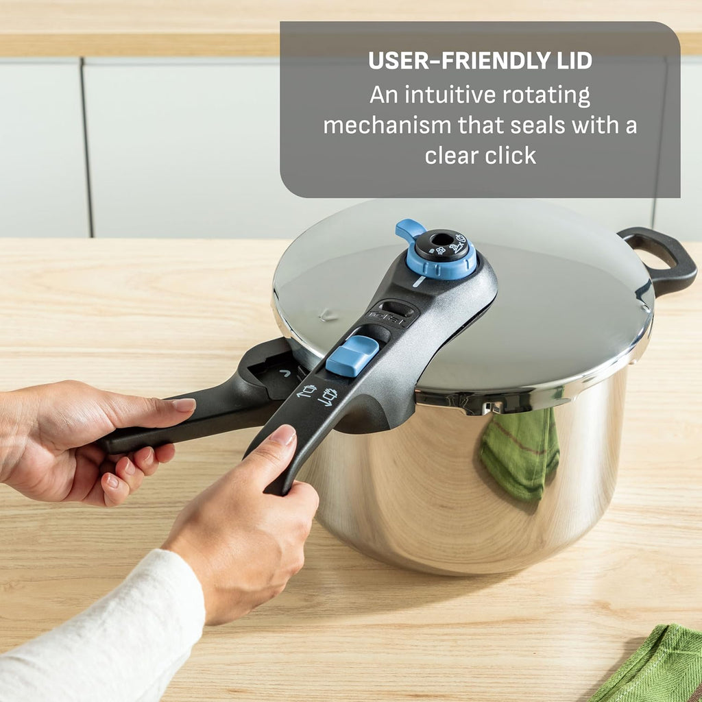 T-Fal Secure Trendy Stainless Steel Pressure Cooker, 8.5 Quart, Steam Basket, Induction, Secure Locking System, Easy and Safe Opening, Compatible with All Cooktops, Dishwasher Safe, Silver