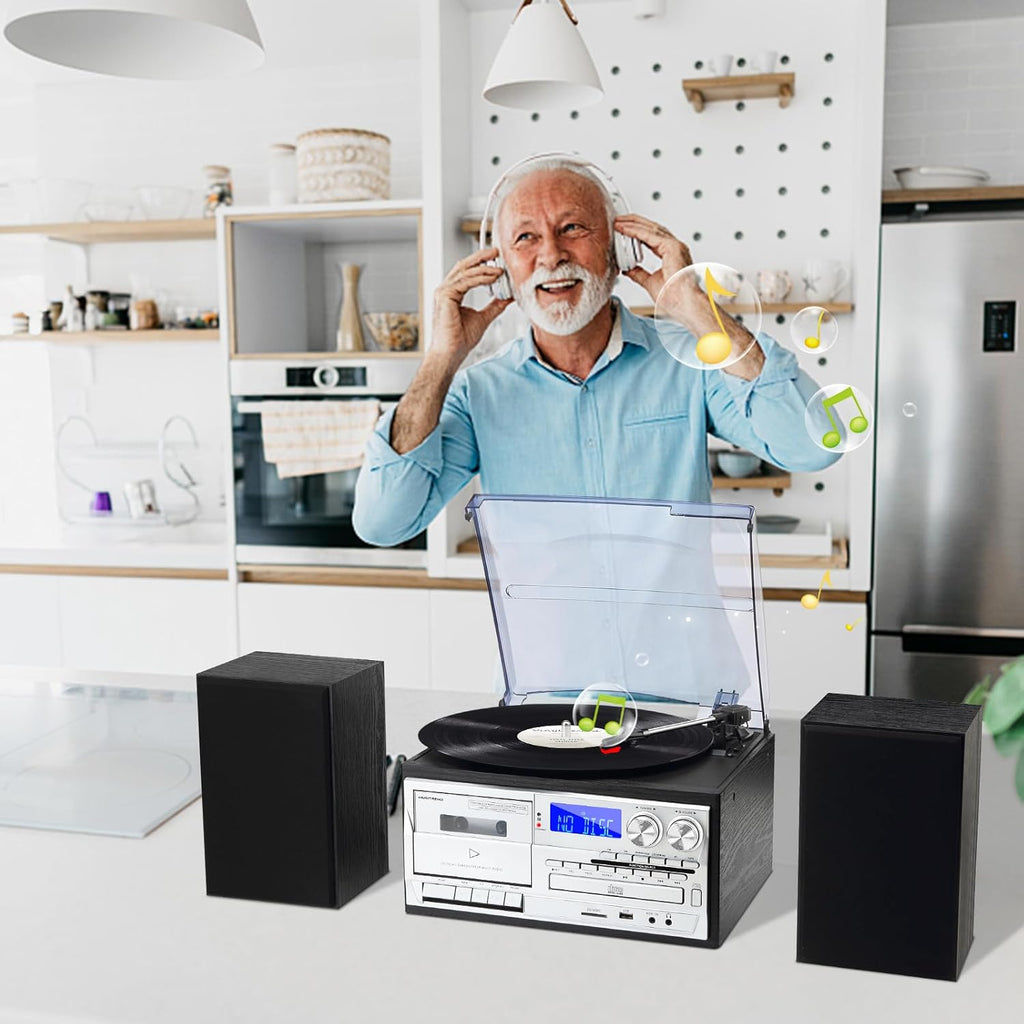 MUSITREND 10 in 1 Record Player with External Speakers, 3 SpeedTurntable with AM/FM Radio, CD & Cassette Player, Bluetooth, USB/SD Playback, Remote Control, Black