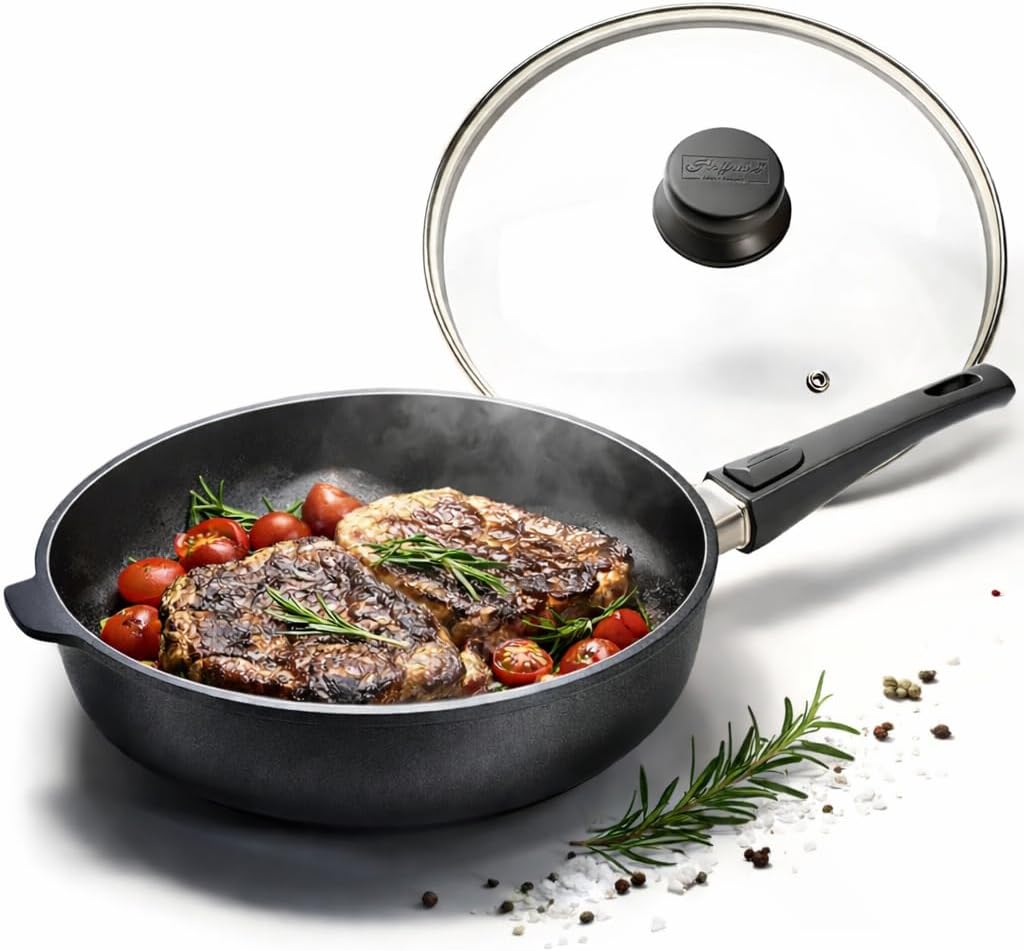 Hoffmann Nonstick Frying Pan Set (2-Piece) – PFAS-Free, Non Toxic, Made in Germany, 11" Deep + Flat Skillet with Lid, Induction Ready, Heavy Cast Aluminum (StonIQ Series)