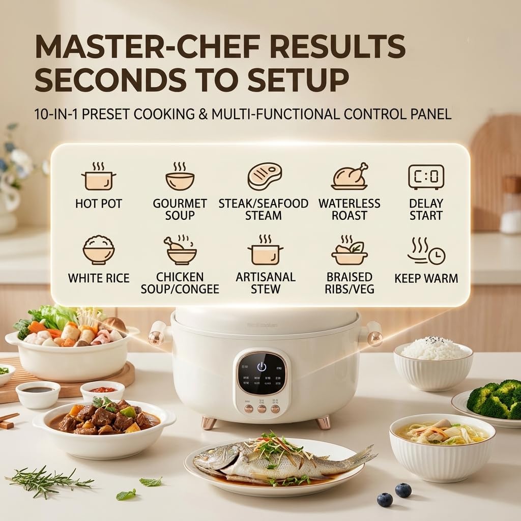 4.2Qt Electric Pressure Cooker & Smart Multi-Cooker, 10-in-1 Innovative 3-Compartment Rice Cooker, 1000W Hot Pot with 24H Timer, 70KPa Fast Cooking, Non-Stick Inner Pots, Heat Preservation, 110V, White