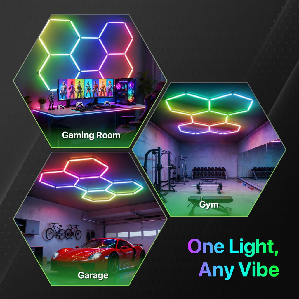 Glitgate RGB Hexagon Garage Lights, LED Hex Lights with App & Remote Control, DIY Modular Honeycomb Lighting System, Music Sync Dimmable Smart Ceiling Light Fixture for Gym, Shop, Gaming Room