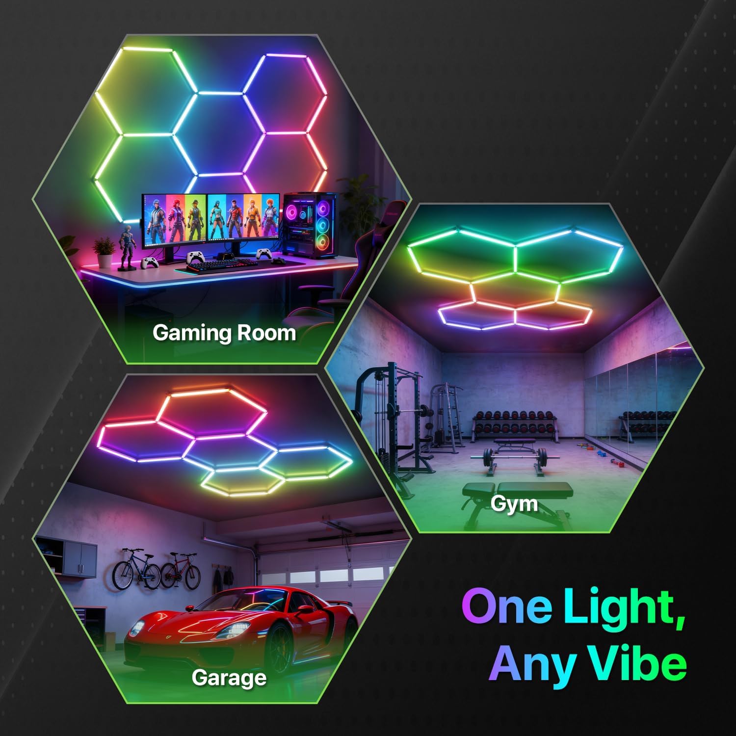 Glitgate RGB Hexagon Garage Lights, LED Hex Lights with App & Remote Control, DIY Modular Honeycomb Lighting System, Music Sync Dimmable Smart Ceiling Light Fixture for Gym, Shop, Gaming Room