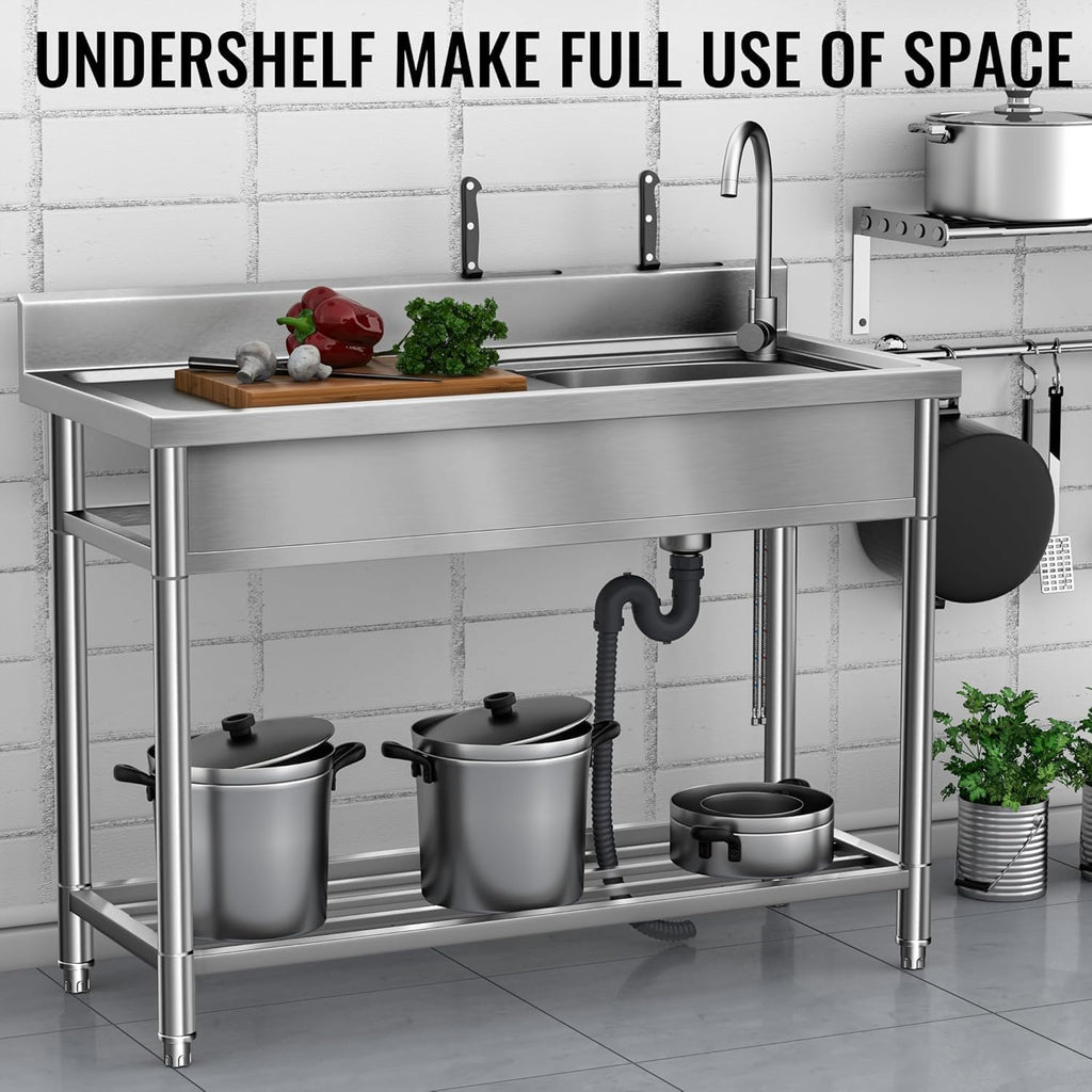Stainless Steel Utility Sink, Kitchen Sink with Countertop Workstation, Free Standing Single Bowl with Cold and Hot Water Pipe for Laundry Room Garage Work Shop Indoor Outdoor Basement (39 Inch)
