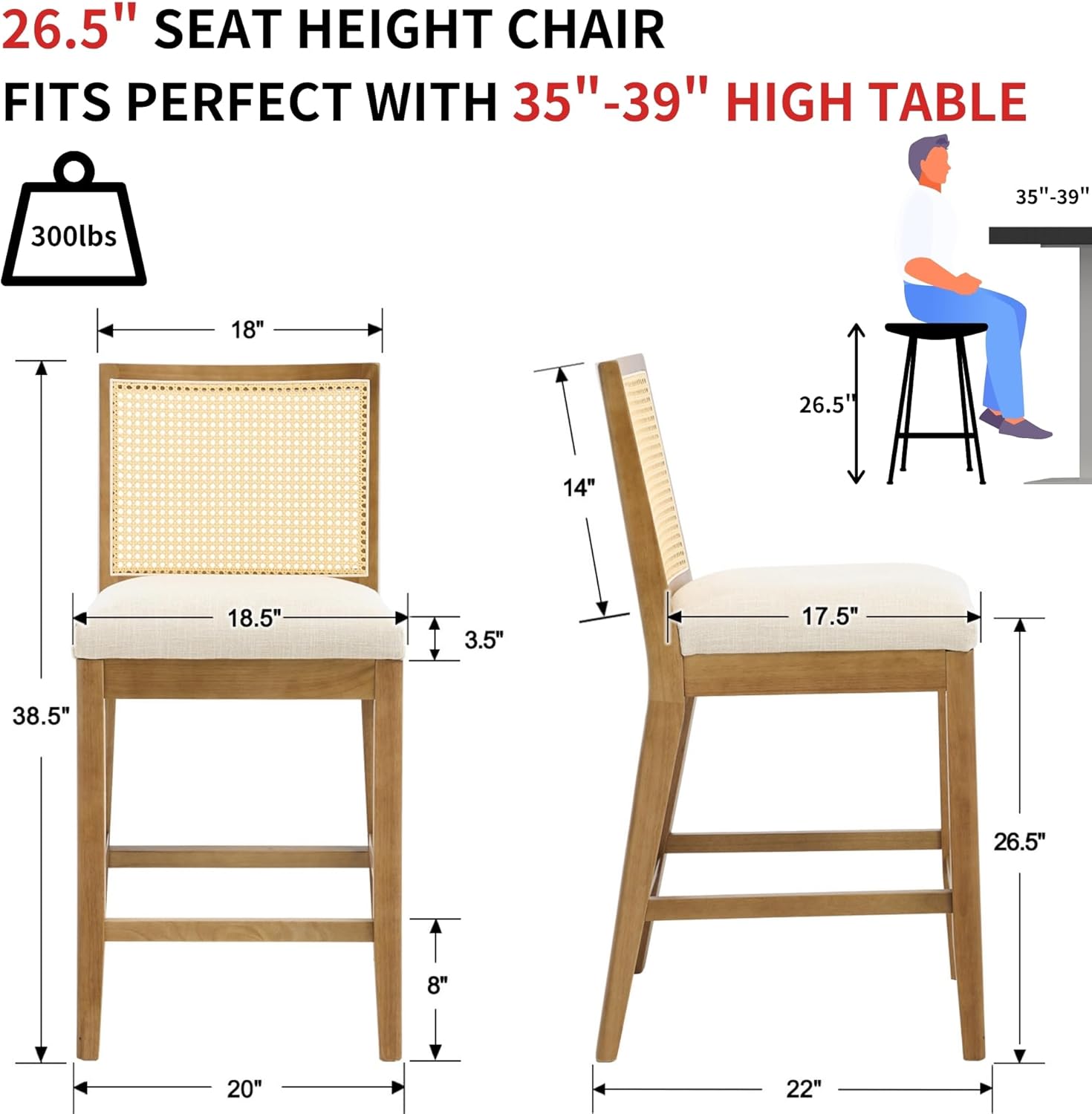 RIVOVA 26.5" Rattan Bar Stools Set of 4 Modern Linen Fabric Upholstered Counter Height Bar Stools, Kitchen Island Barstools with Rattan Back, Natural Finish Wood Legs Bar Chairs, Beige