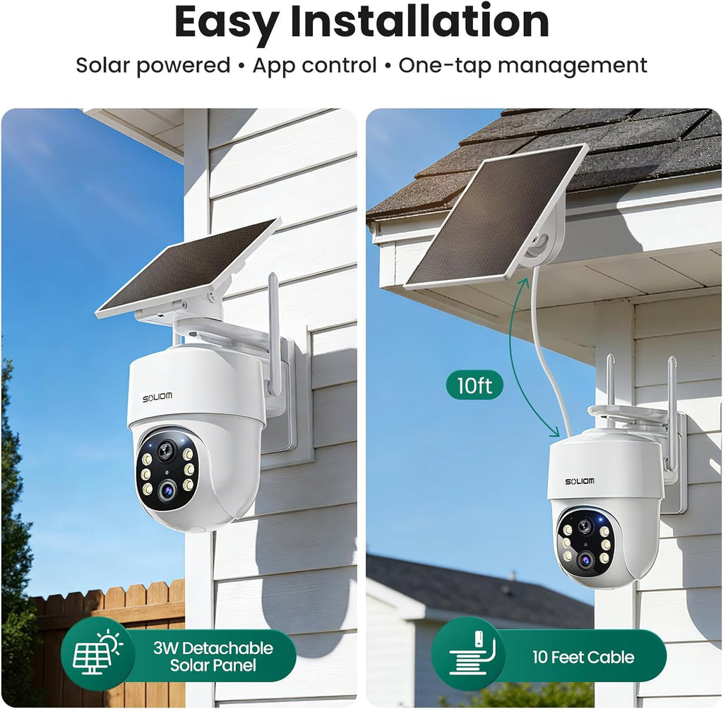 SOLIOM- 5MP Security Cameras Wireless Outdoor, No Subscription & Solar Powered,4-Cam Pack Cameras for Home Security with 360° Auto Motion Tracking, 3K Color Night Vision,5G & 2.4G Router Compatible