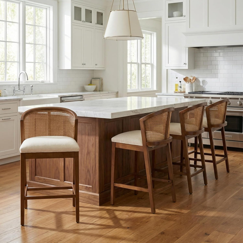 Christopher Knight Home Jane Rattan Counter Stools Set of 4, Counter Height Bar Stools for Bar Table, Rubberwood Frame with Upholstered Barstools, Wood Accent Chair with Footrest, Beige + Walnut