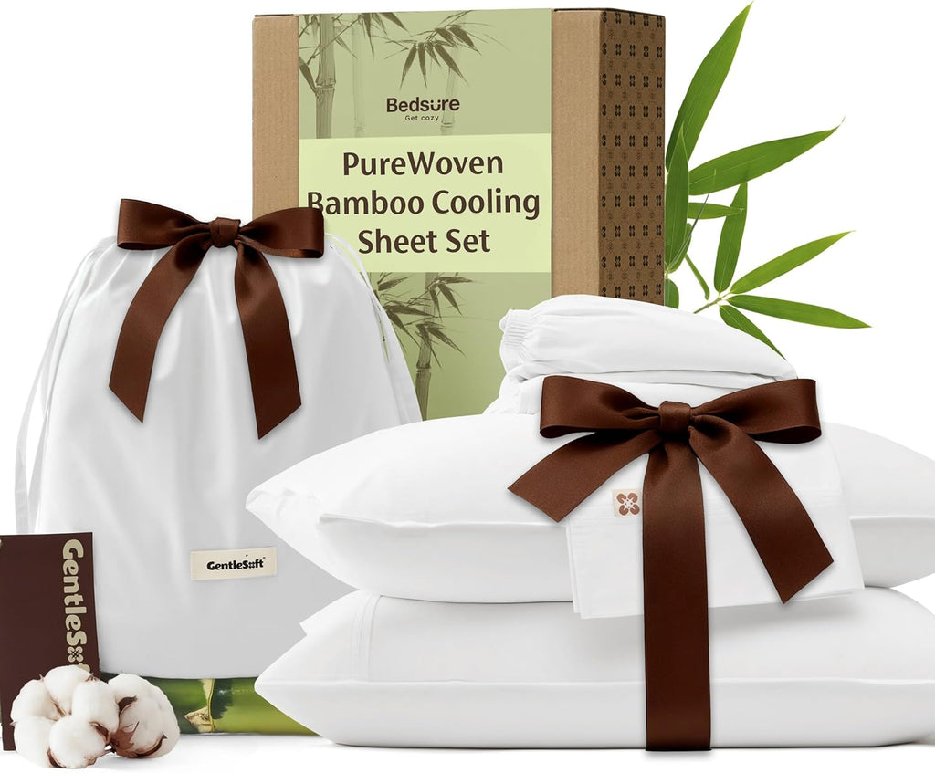 Bedsure Bamboo Viscose Cooling Sheets, Rayon Cotton Serene Blend, PureWoven, Breathable & Buttery Soft King Size Sheets Set, Deep Pocket Up to 18", Hotel Luxury Bedding for Hot Sleepers, White