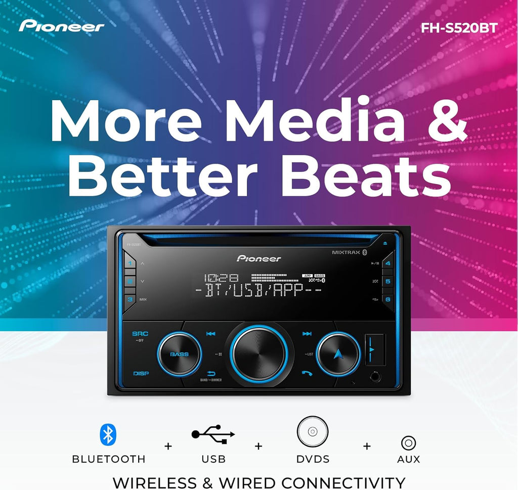 Pioneer FH-S520BT Double Din CD Receiver – Bluetooth, USB/AUX, FLAC, AM/FM Radio, 13-Band EQ, 50W x 4, Voice Control, Front, Rear/SW Selectable RCA Preouts