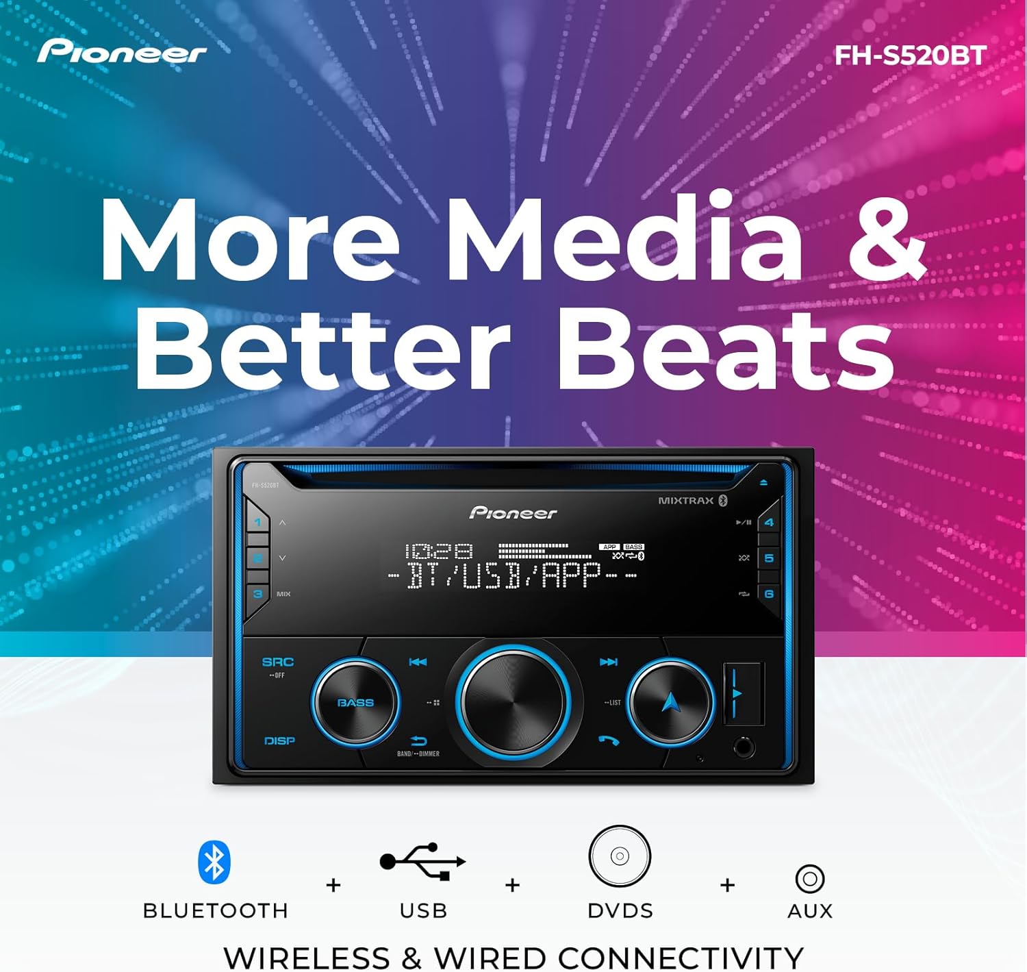 Pioneer FH-S520BT Double Din CD Receiver – Bluetooth, USB/AUX, FLAC, AM/FM Radio, 13-Band EQ, 50W x 4, Voice Control, Front, Rear/SW Selectable RCA Preouts