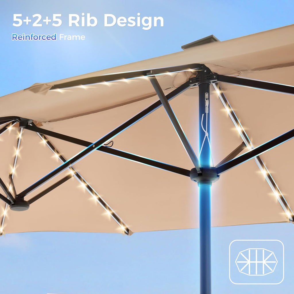 SUPERJARE 13ft Outdoor Patio Umbrella with Solar Lights, Double-sided Deck Pool Umbrella with 1.5 Inch Pole, Fade Resistant Canopy, 12 Sturdy Ribs, for Porch, Market, Backyard, Beige (No Base)