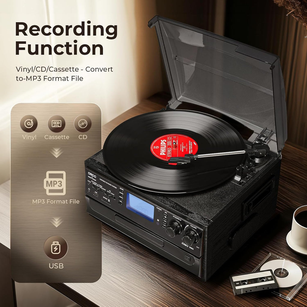 ORCC 10-in-1 Bluetooth Turntable Record Player with Built-in Speaker, Vinyl Turntable CD Cassette and FM/AM Radio Combo, AUX in RCA Out USB MP3 Recording Headphone Jack Compact