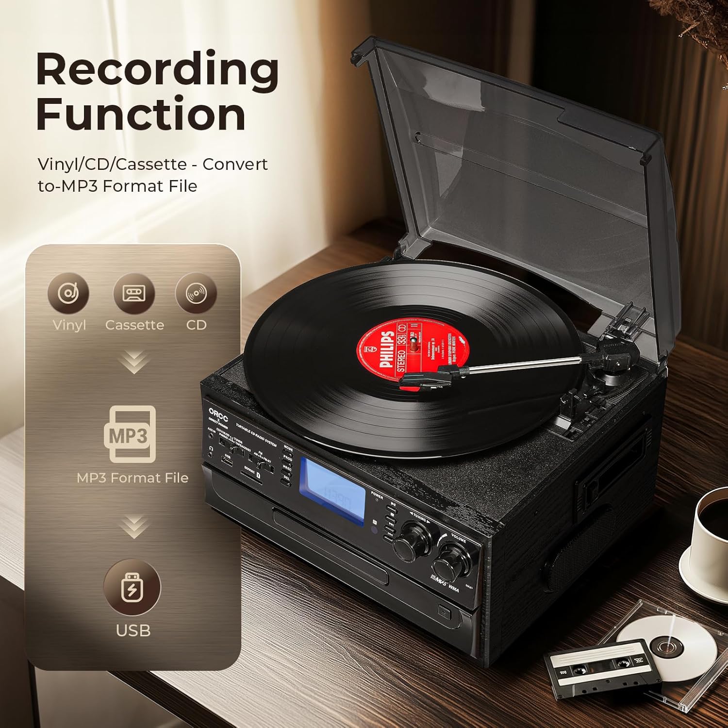ORCC 10-in-1 Bluetooth Turntable Record Player with Built-in Speaker, Vinyl Turntable CD Cassette and FM/AM Radio Combo, AUX in RCA Out USB MP3 Recording Headphone Jack Compact