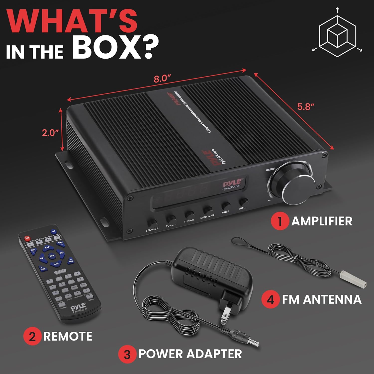 Pyle 100W 5 Channel Audio Amplifier - Wireless Bluetooth Home Theater Power Stereo Receiver with Surround Sound w/HDMI, AUX, FM Antenna, Subwoofer Speaker Input, 12V Adapter - PFA540BT.6
