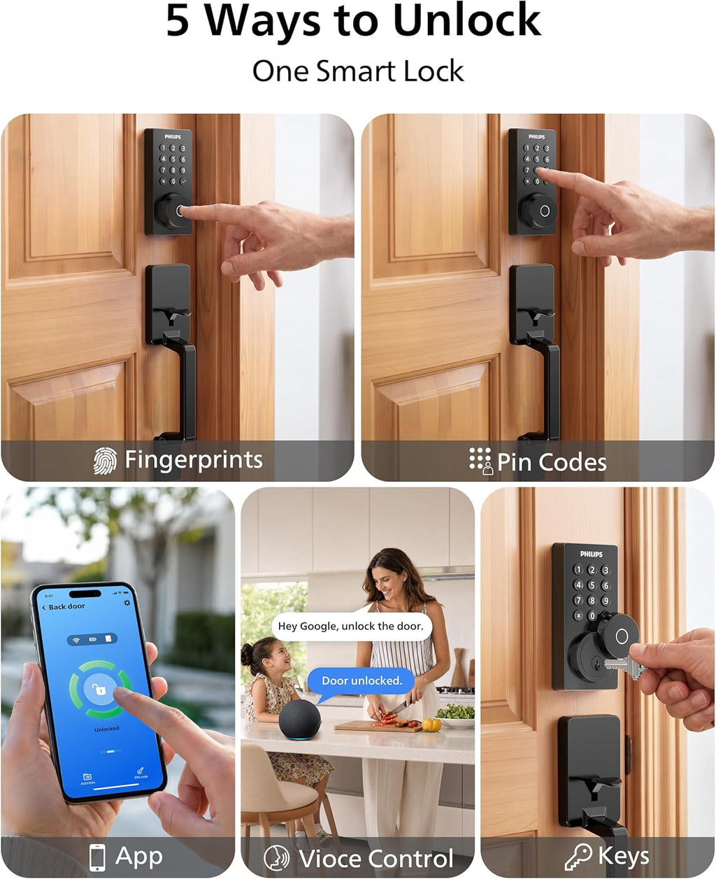 Philips Wi-Fi Smart Door Lock with Handle Set, Keypad Deadbolt for Front Door, Fingerprint Keyless Entry Door Lock with App Remote Control, IP53 Waterproof, Auto Lock, Security Easy Installation