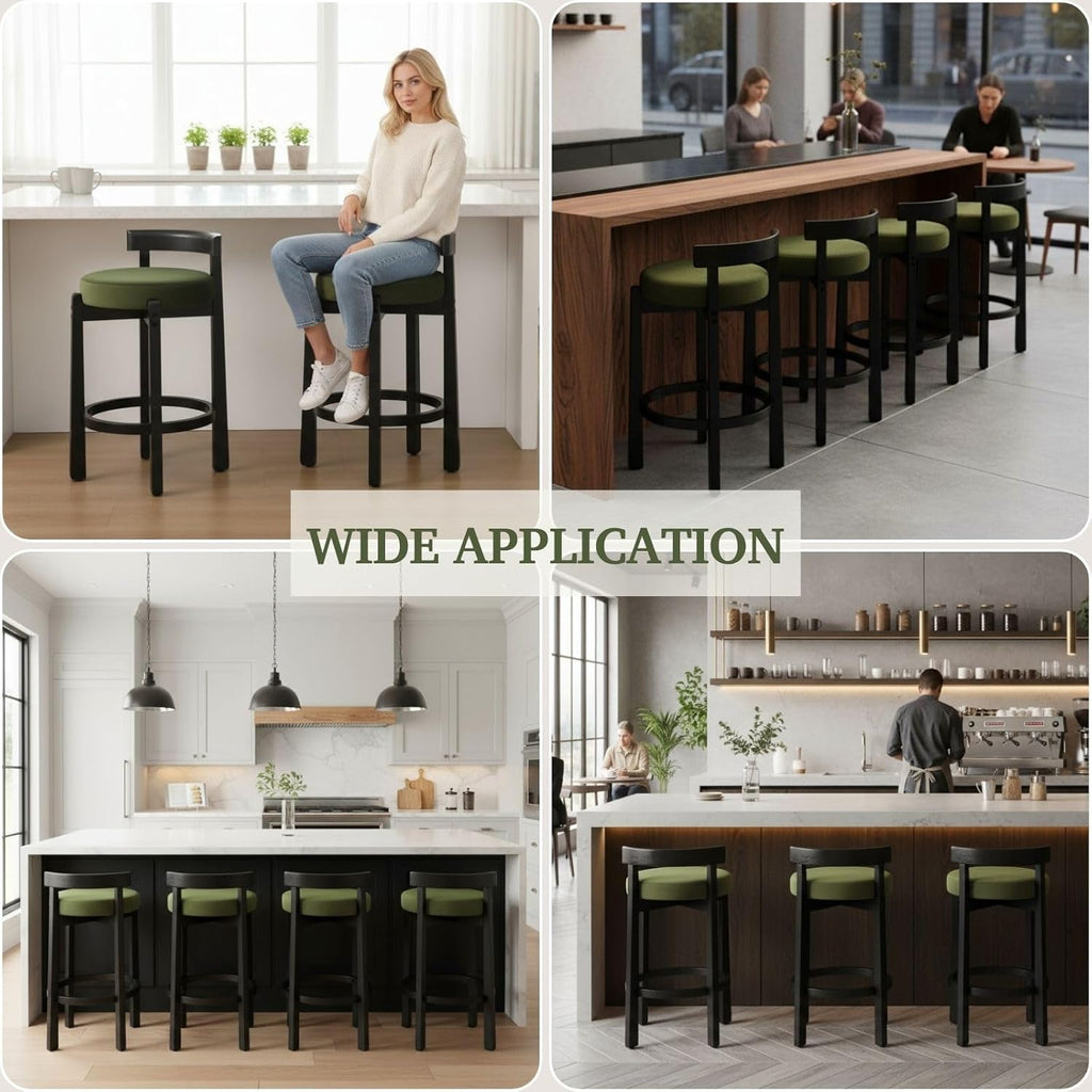 LukeAlon Mid Century Velvet Counter Stools Set of 6, Upholstered 26.5” Seat Height Barstools with Black Wood Legs Retro Modern Round Kitchen Stools with Footrest for Dining Room Bar Coffee Shop, Green