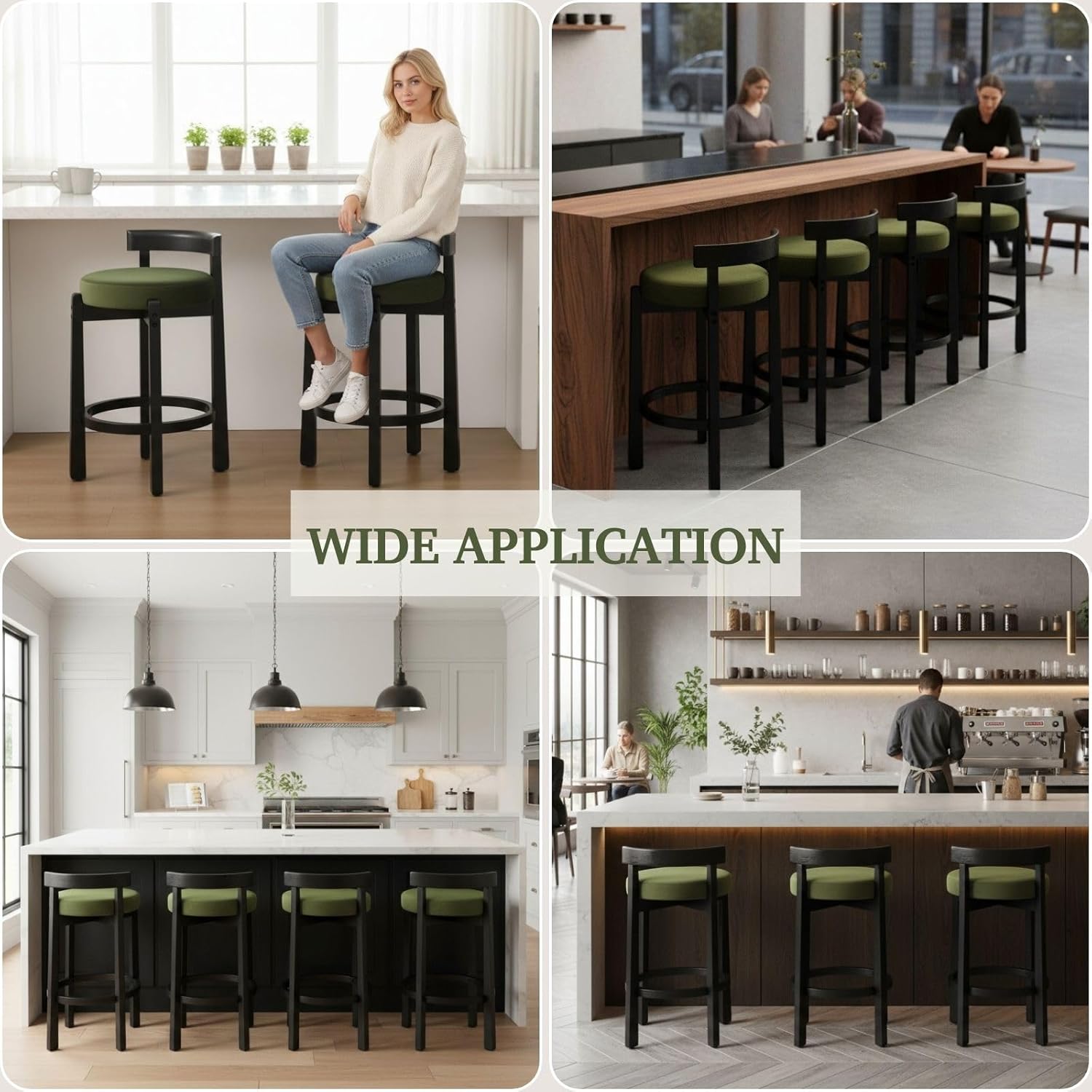 LukeAlon Mid Century Velvet Counter Stools Set of 6, Upholstered 26.5” Seat Height Barstools with Black Wood Legs Retro Modern Round Kitchen Stools with Footrest for Dining Room Bar Coffee Shop, Green
