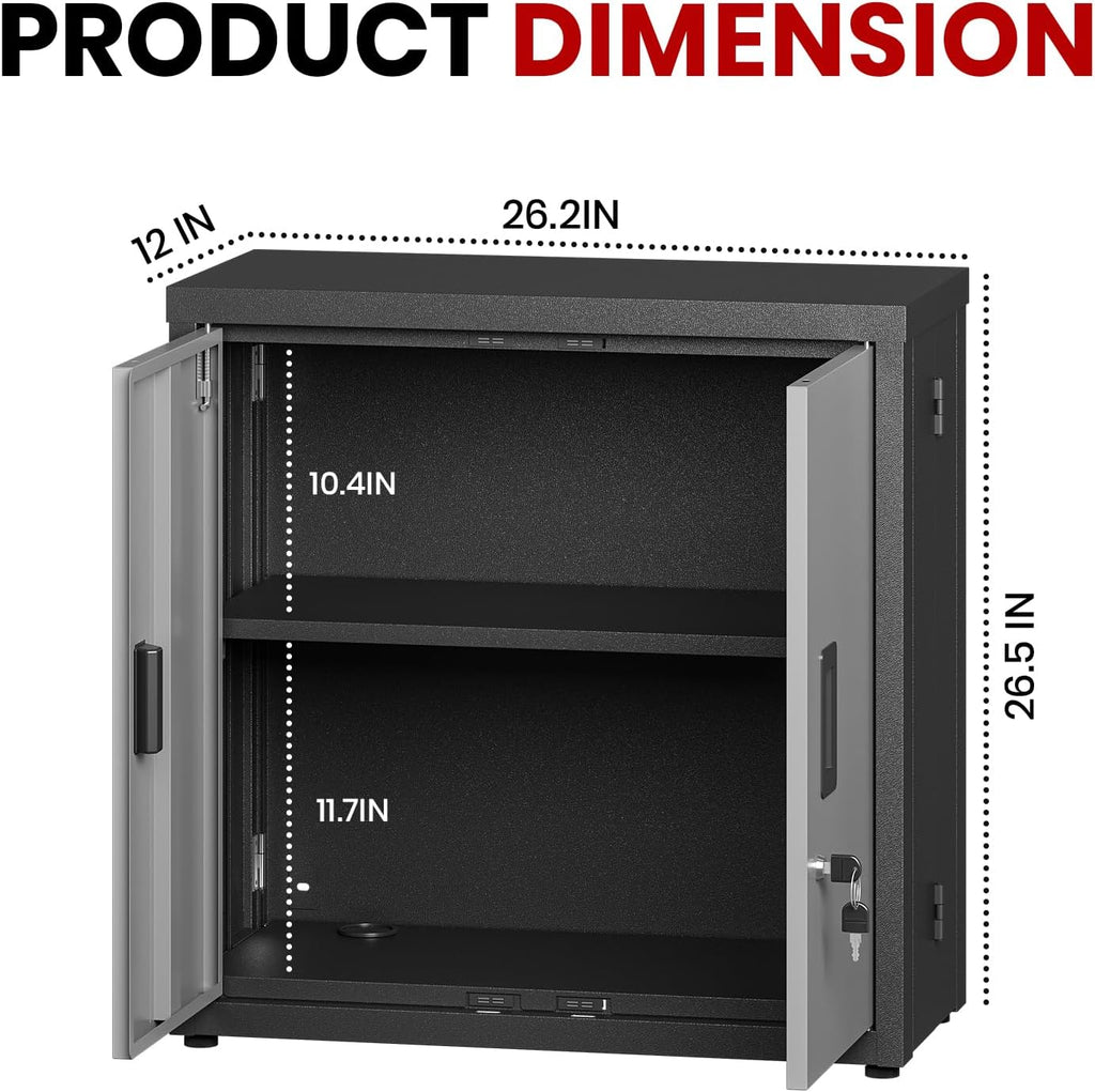 ROOMTEC Foldable Wall Mounted Garage Cabinet, Metal Storage Cabinet with Doors, Lockable Garage Storage Cabinet with Fixed Shelf, Retractable Design for Shop, Utility Room, Workshop, Black & Grey