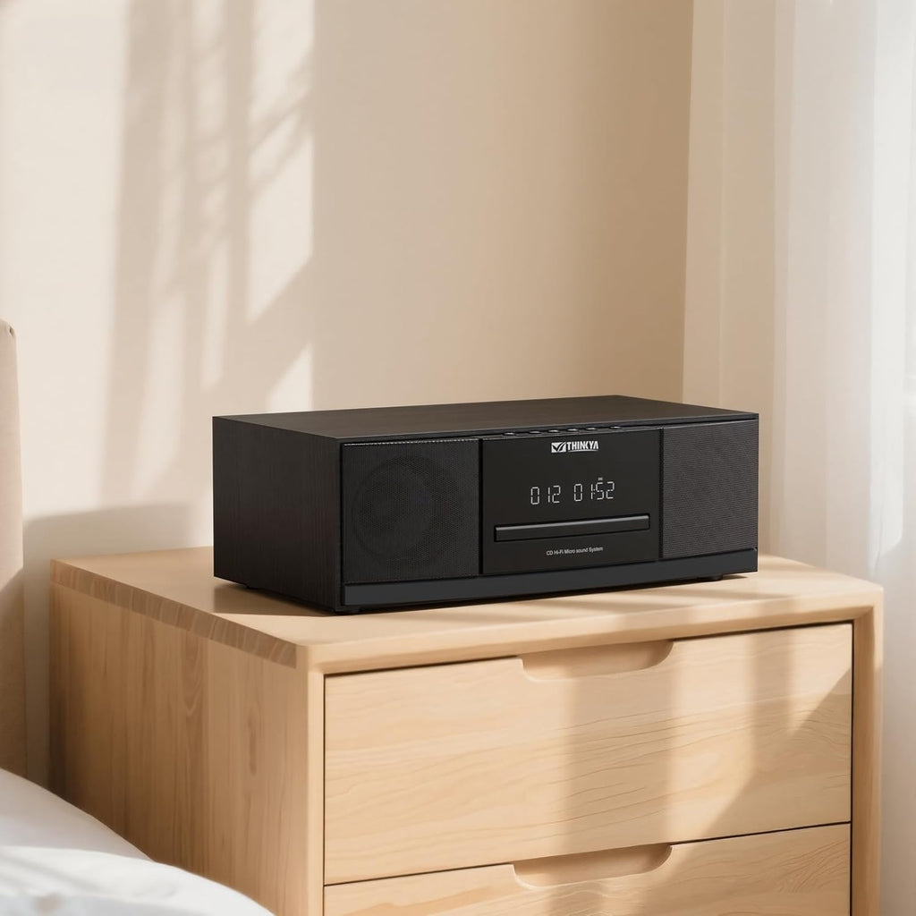Vintage Bluetooth Stereo System for Home, THINKYA 36W RMS Micro HiFi Systems CD Player Dual 3” Bass with Bluetooth Audio Streaming, FM Radio, USB Port, Aux-in, Remote Control(NO Clock & Alarm)