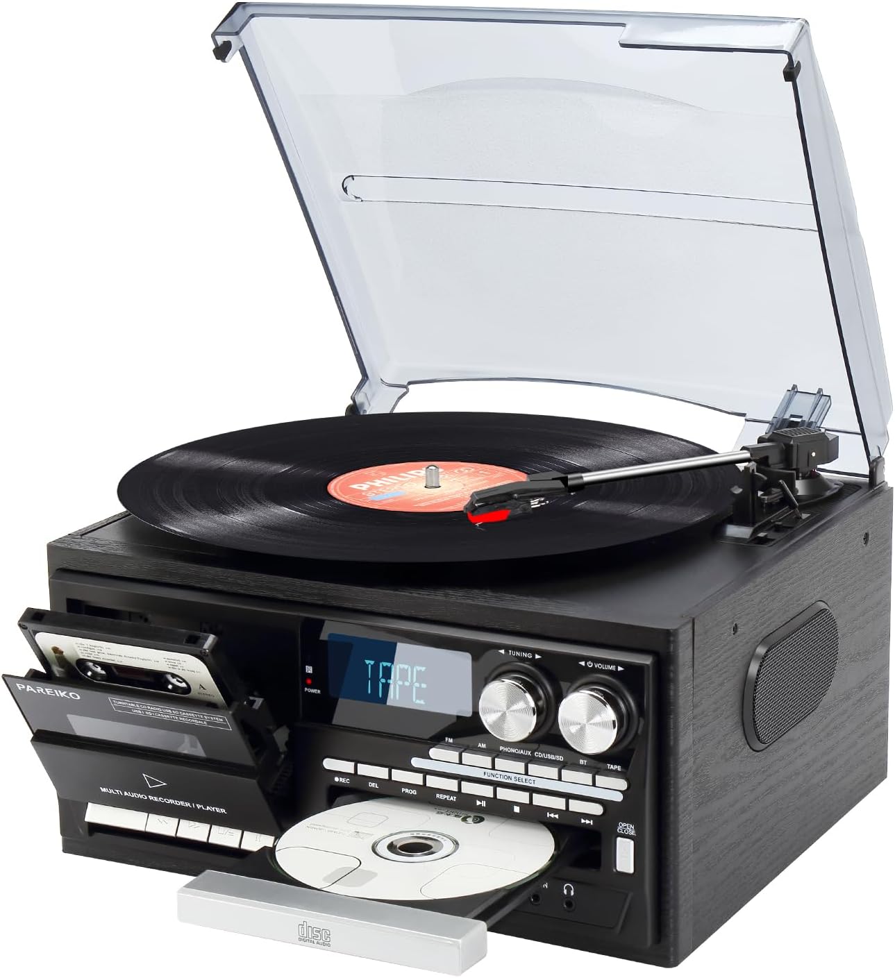 9 in 1 Vintage Bluetooth Record Player with Built-in Stereo Speakers, 3-Speed Turntable, AM/FM Radio, CD & Cassette Player, USB/SD Playback, Remote Control, Aux in, RCA Out & Headphone Jack
