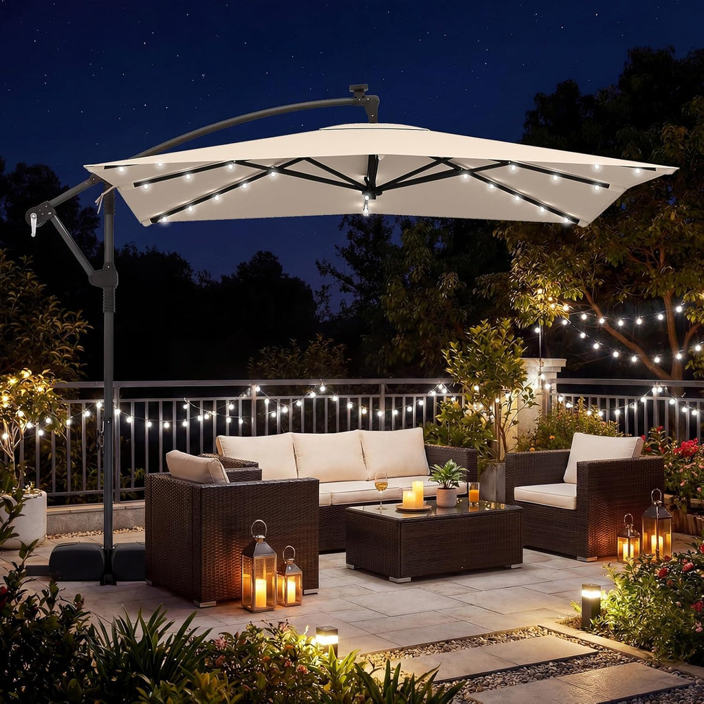 Tangkula 8x8 FT Solar Patio Umbrella with Base Included, Square Offset Cantilever Outdoor Umbrella with 32 LED Lights, 360 Degree Rotation, Crank Handle, 2 Sandbags, 8 Ribs, Air Vent for Pool Deck Garden Backyard