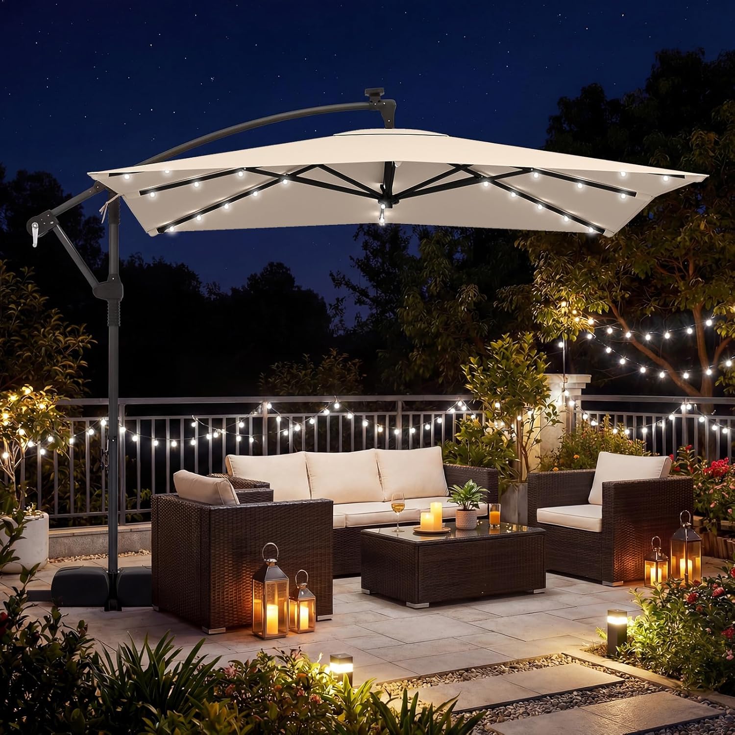 Tangkula 8x8 FT Solar Patio Umbrella with Base Included, Square Offset Cantilever Outdoor Umbrella with 32 LED Lights, 360 Degree Rotation, Crank Handle, 2 Sandbags, 8 Ribs, Air Vent for Pool Deck Garden Backyard