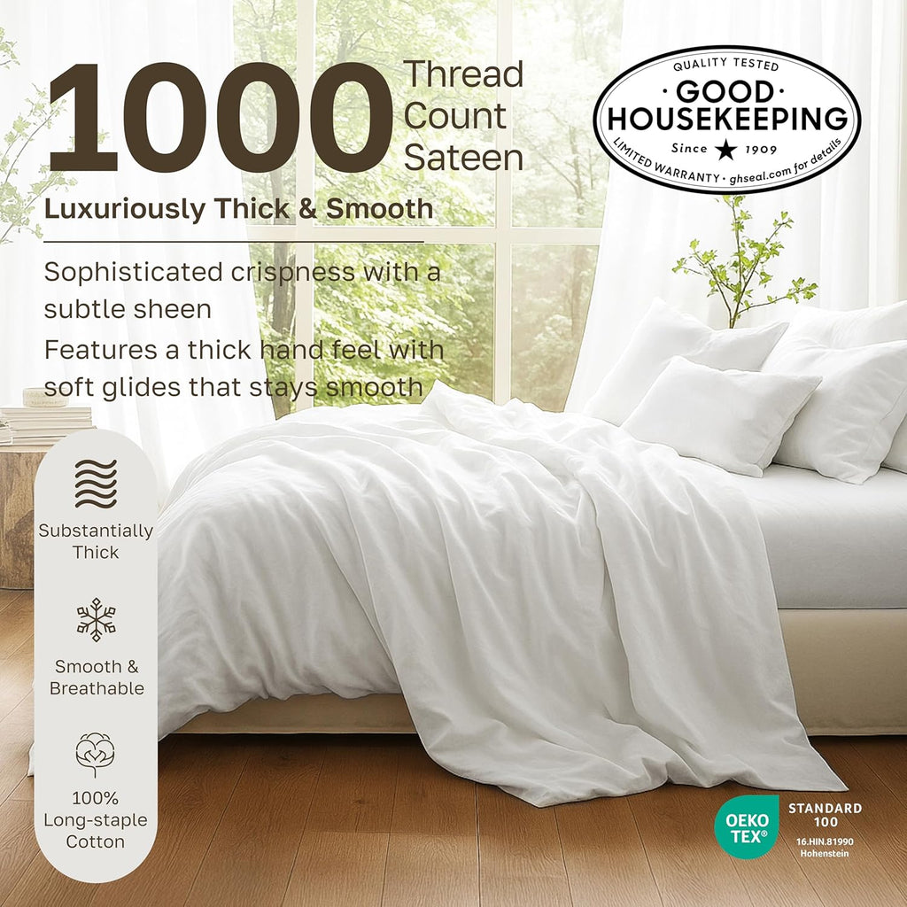 California Design Den California King Sheet Sets - 1000 Thread Count Sateen Sheets, Thick and Natural 100% Cotton, Deep Pockets, Durable Bedding Set - White