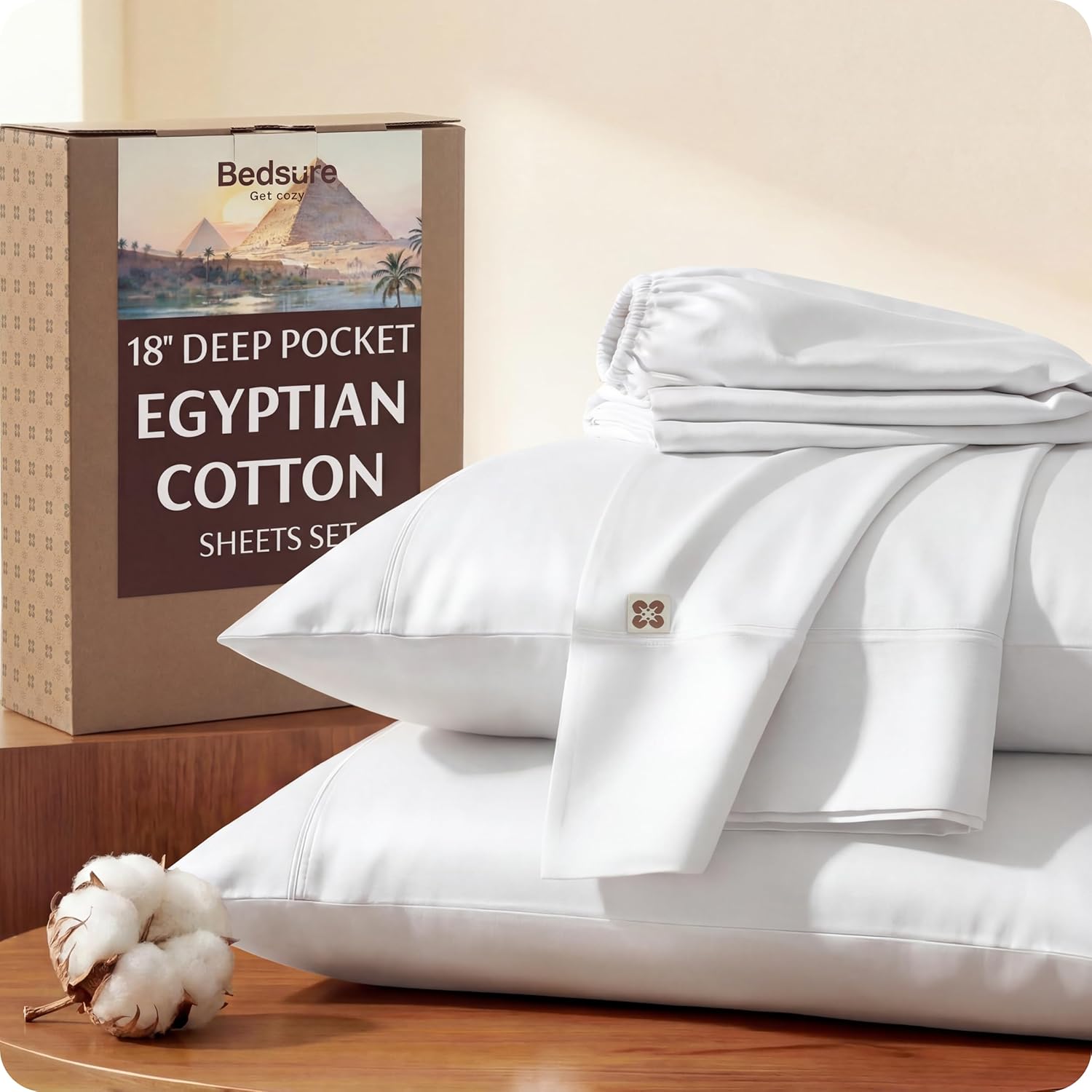 Bedsure 100% Giza Egyptian Cotton Sheets King Size - Luxury Hotel Sheets 18 Inches Deep Pocket with 4 Corner Straps, PureWoven Soft & Beathable Sateen Weave Bedsheets (White, King)