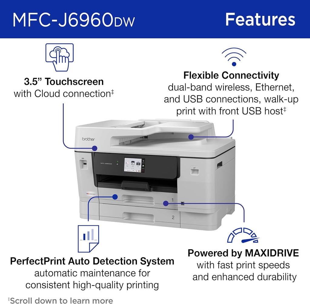 Brother INKvestment 6960 Wireless Color Inkjet All-in-One Printer with 11”x17” Capabilities and 3.5” Color Touchscreen | Includes Refresh Subscription Trial(1) (MFC-J6960DW)
