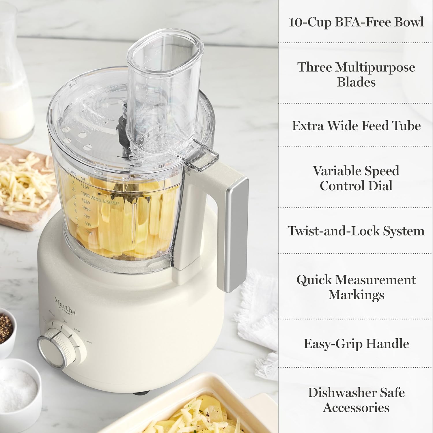 Martha Stewart Food Processor, 10-Cup Electric Chopper for Slicing, Shredding, Mincing and Puree, BPA-Free Twist & Lock Bowl, 3 Multipurpose Blades, Variable Speed Dial, Wide Feed Chute, Linen White